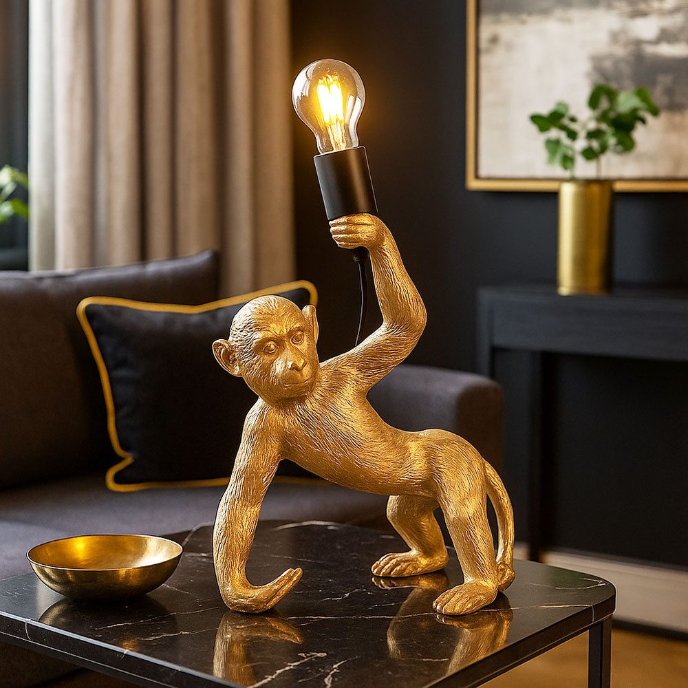 Reality Leuchten LED Tischleuchte, Leuchtmittel inklusive, Warmweiß, Tischlampe Beistellleuchte LED Filament gold Tierfigur Affe Nachttisch