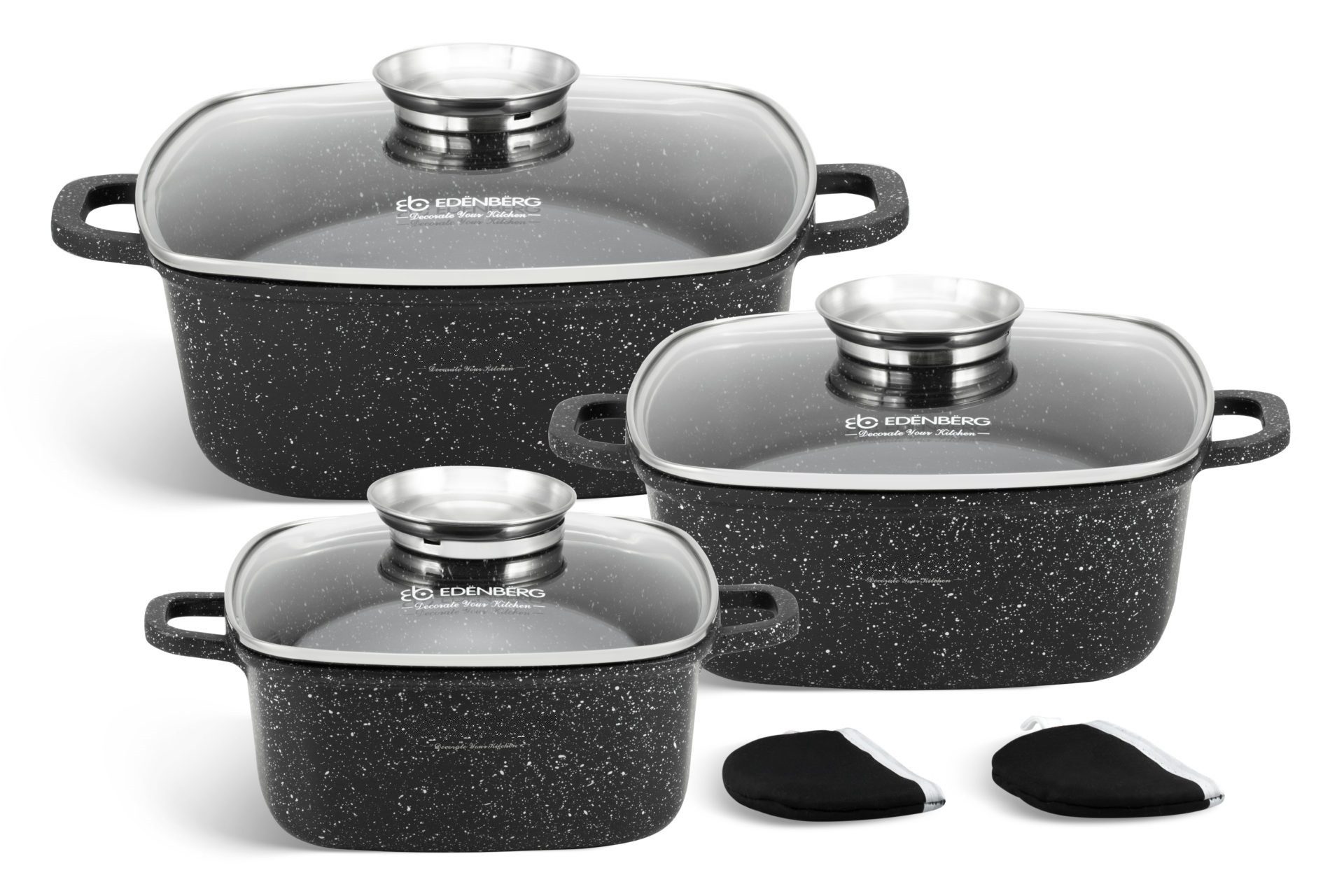 KlönBerg Topf-Set Quadratische Töpfe in 3 verschiedenen Größen, Bräter, Backtopf, Aluminiumguss, Aluminium, Keramik, Edelstahl (Passt in jede Küche! (2.3L / 4.5L / 5.9L), 6-tlg., Es ist eine perfekte Geschenkidee für jeden Anlass), Innovative Aroma Knob-G