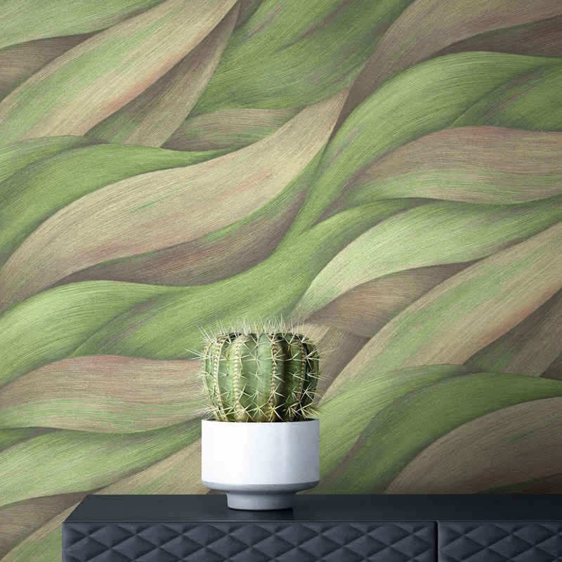 Newroom Vliestapete, Grün Tapete Modern Blätter - Mustertapete Abstrakt Wellen Muster für Wohnzimmer Schlafzimmer Küche
