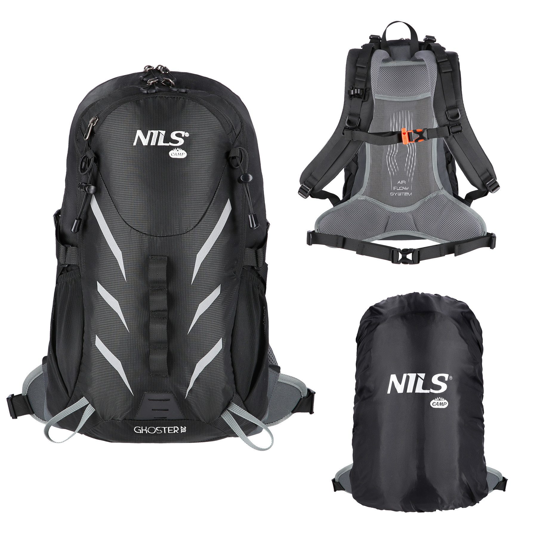 NILS CAMP Wanderrucksack Hiking Rucksack "GHOSTER" 20L Outdoor Trekkingrucksack Schwarz, mit Air Flow System, Rain Cover und Sicherheitspfeife