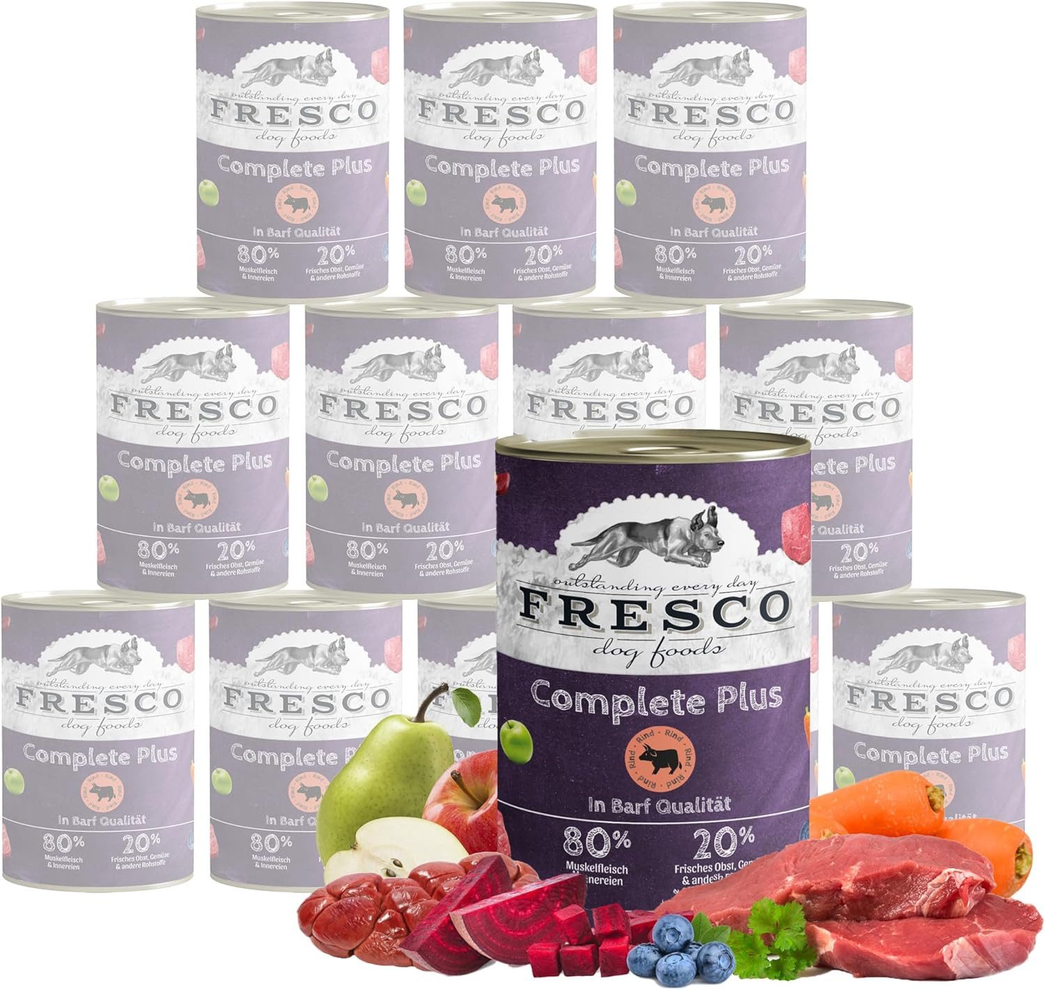 Fresco Dog NassBarf Premium Hundefutter Nass 12 x 400g, Rind, Nassfutter für: Hunde, getreidefrei, zuckerfrei, hoher Fleischanteil