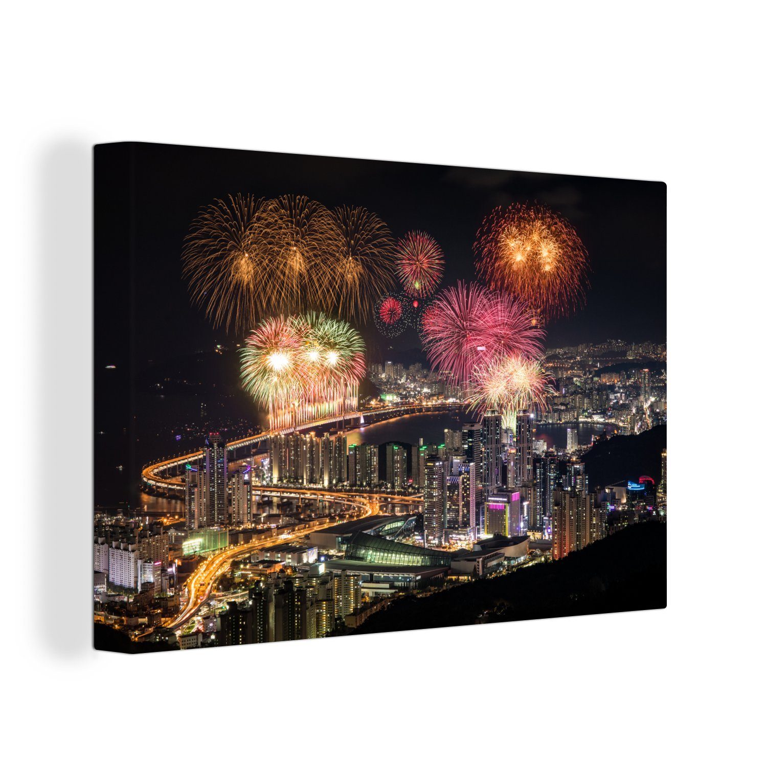 OneMillionCanvasses® Leinwandbild Feuerwerk über Stadt Aufhängefertig, Leinwandbilder, (1 cm südkoreanischen der Busan, Wanddeko, Wandbild 30x20 St)