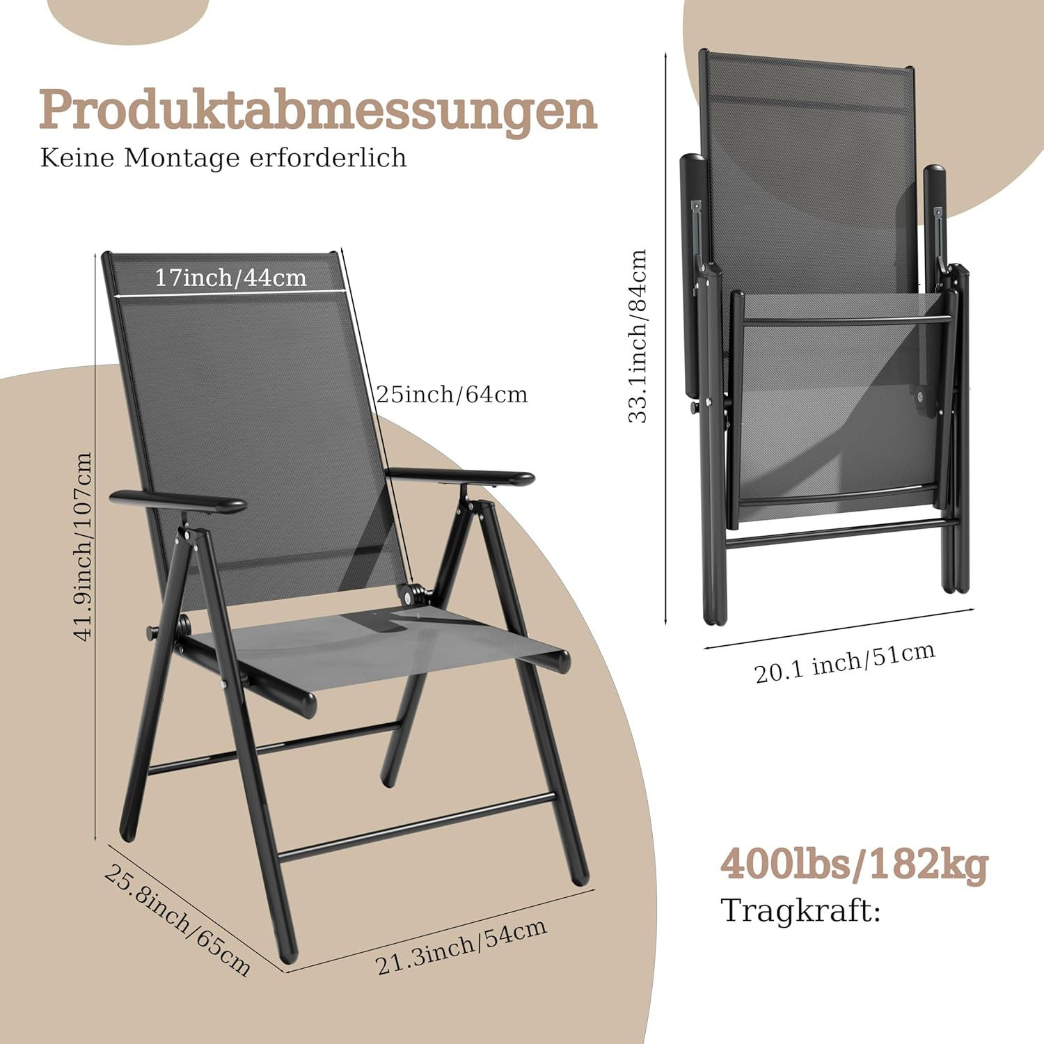 GOTLAND Klappstuhl Klappbare Gartenstühle mit 7-Fach verstellbarer Rückenlehne (4 St), atmungsaktives Textilene und Stahlgestell für Garten, Balkon