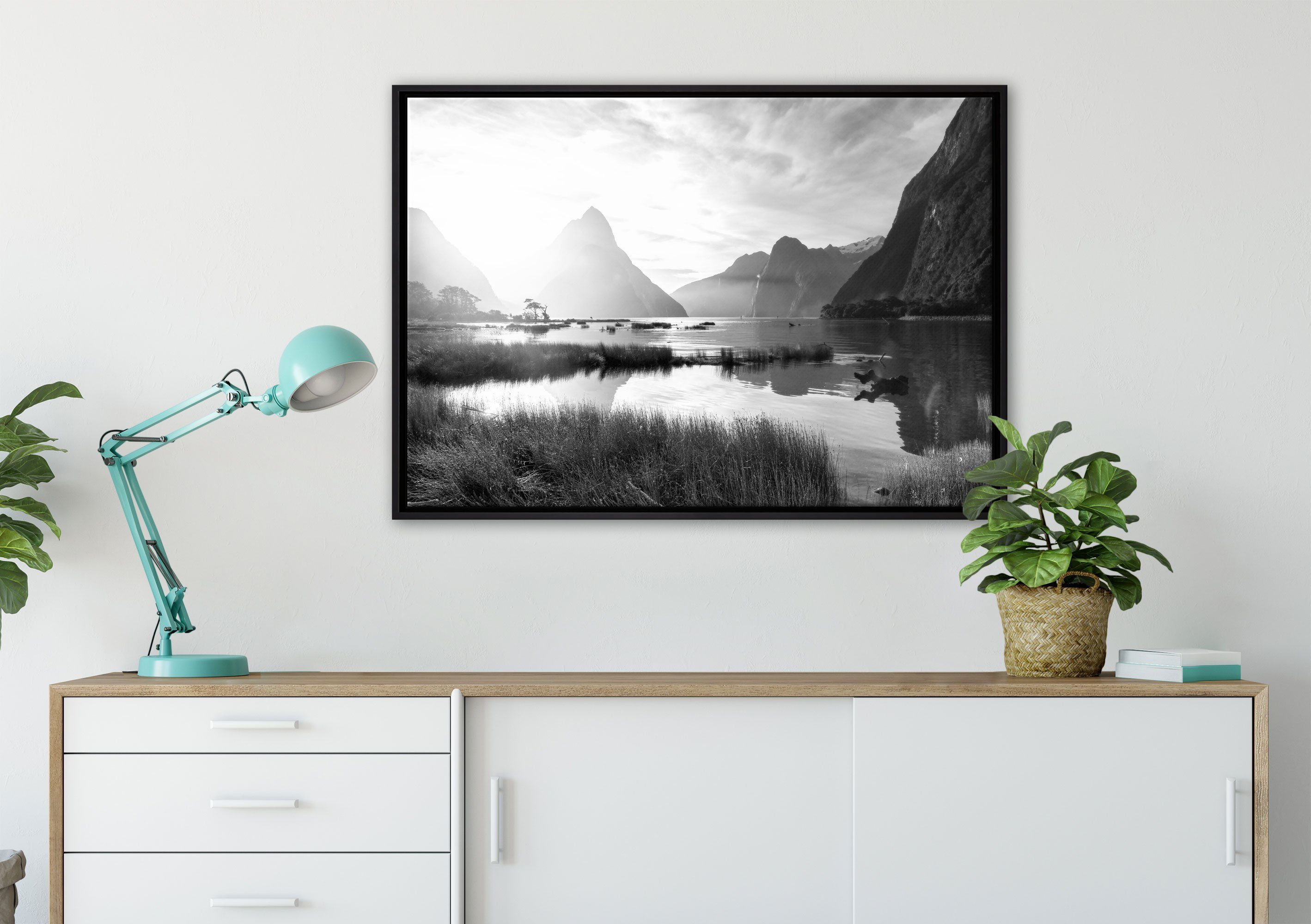 Pixxprint Leinwandbild Milford Sound (1 Neuseeland, bespannt, Schattenfugen-Bilderrahmen fertig Leinwandbild gefasst, St), inkl. einem Zackenaufhänger in Wanddekoration