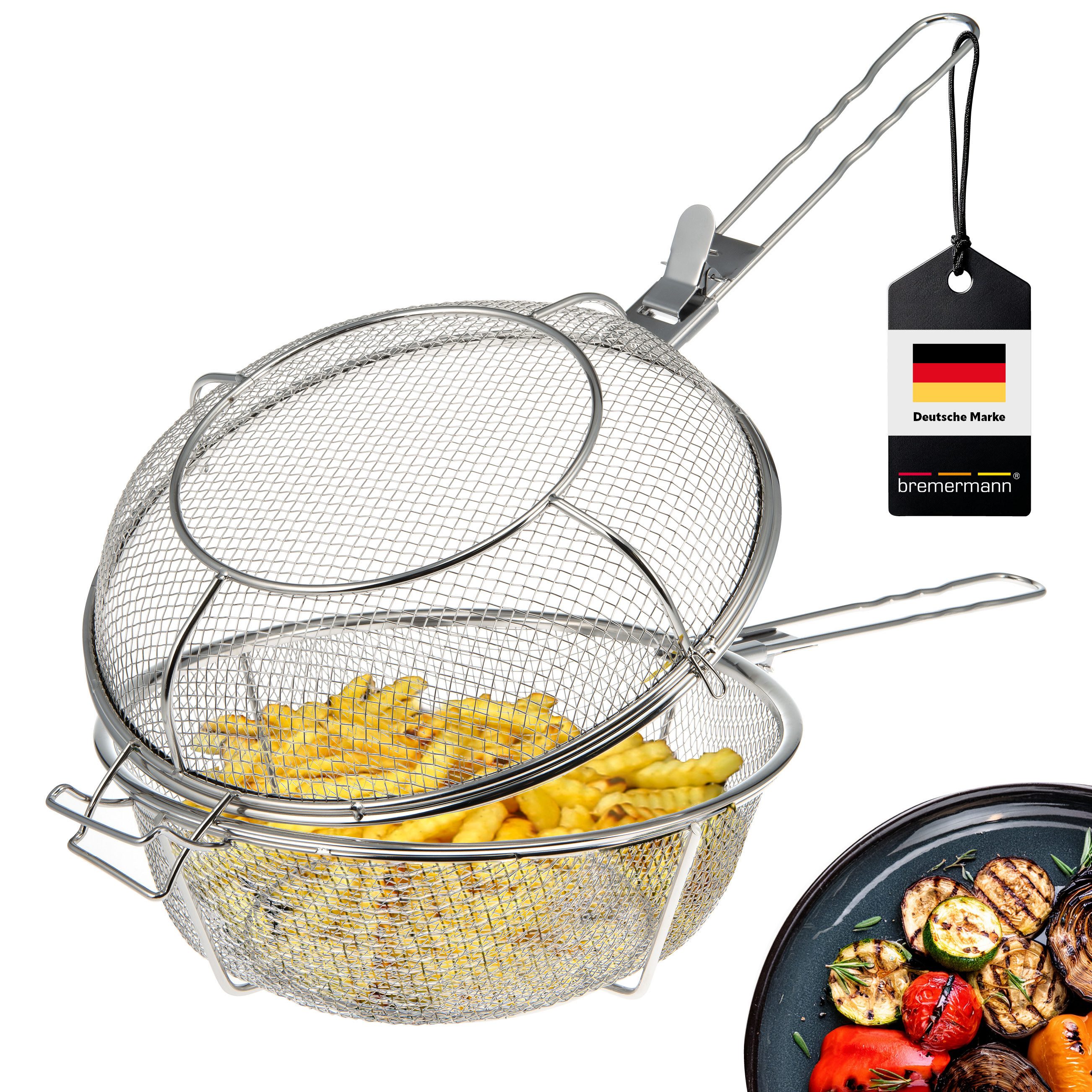 Grillguthalter Grillkorb klappbar // Edelstahl Ø ca. 30 cm, Griffe abnehmbar