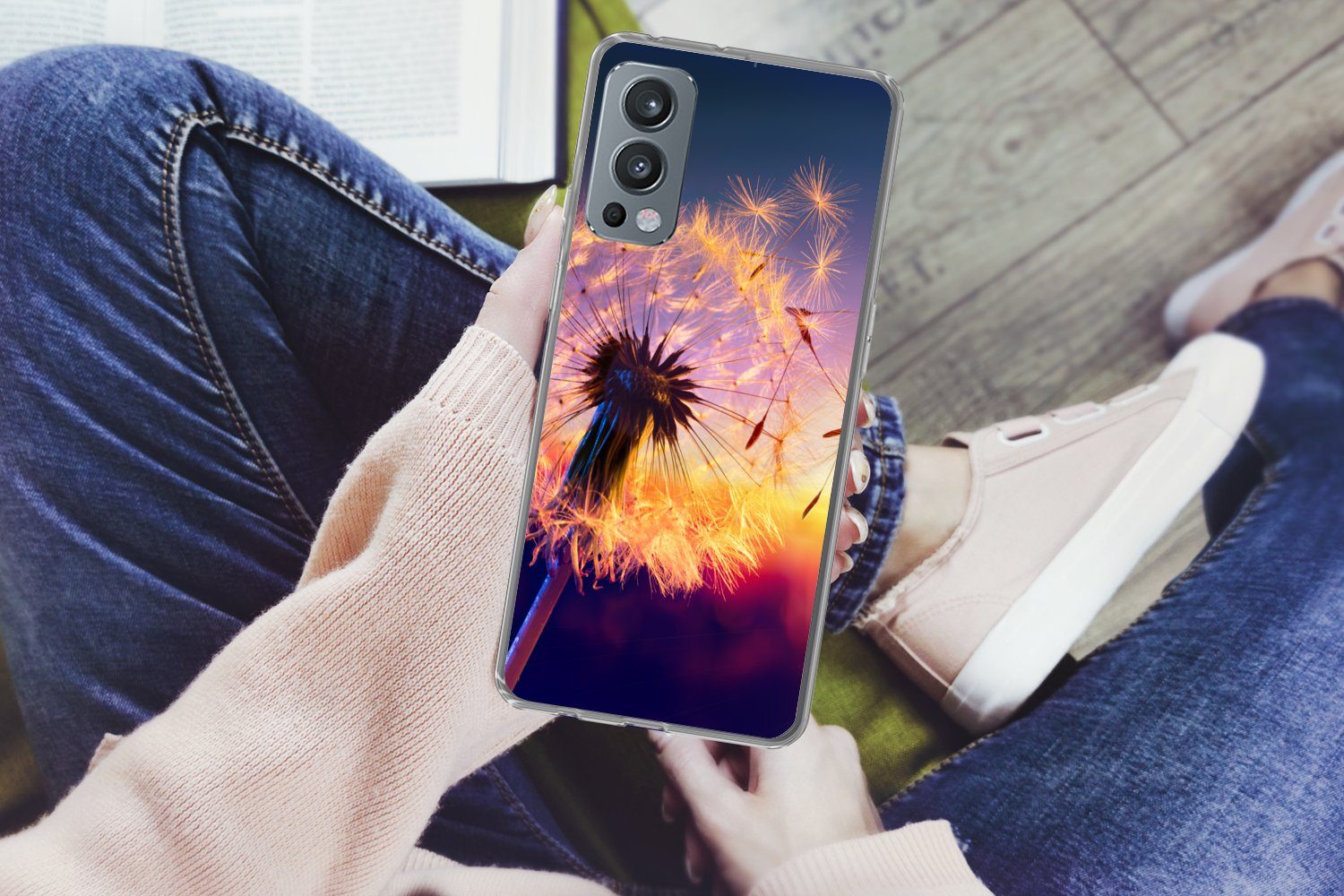 MuchoWow Handyhülle für OnePlus Nord 2 5G Löwenzahn - Blumen - Sonnenuntergang - Horizont, Phone Case, Silikon, Schutzhülle Dünn