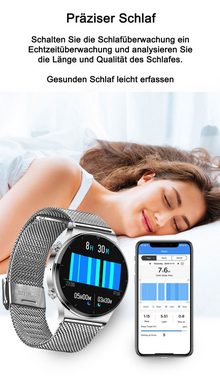 TPFNet SW22 mit Milanaise Armband für Damen - individuelles Display Smartwatch (Android), Armbanduhr mit Musiksteuerung, Herzfrequenz, Schrittzähler, Kalorien, Social Media etc. Schwarz