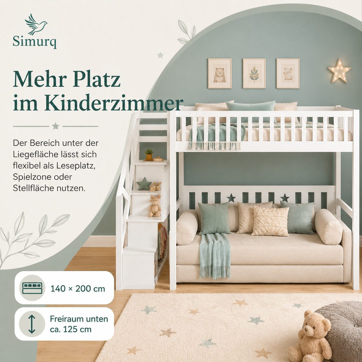 Simurq Hochbett 140x200 cm Weiß mit Treppe & Rausfallschutz