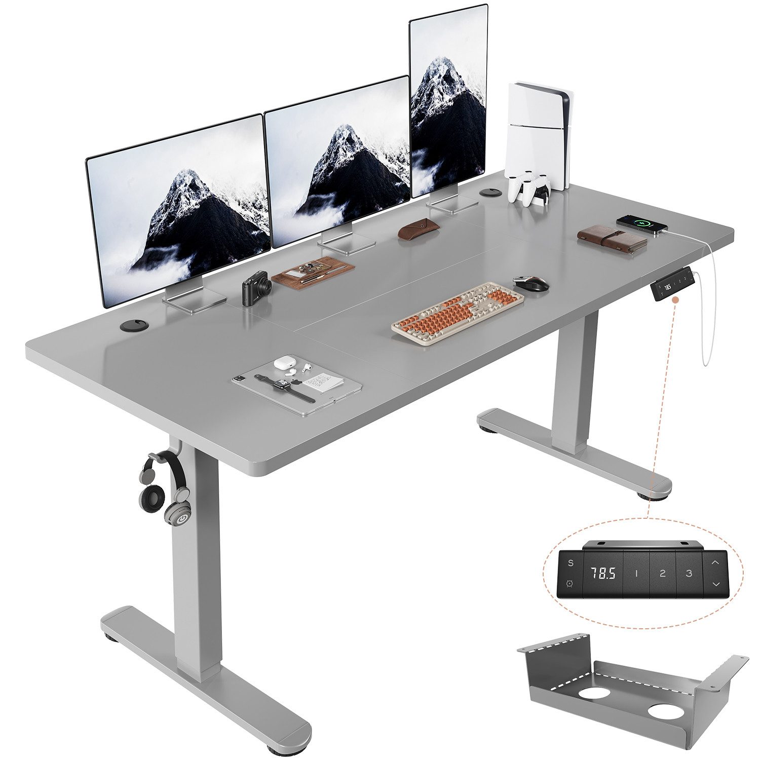 HOMALL Schreibtisch Höhenverstellbarer Schreibtisch mit 3 Höhen-Speicherfunktionen (Mehrere GrdBen 120/140/160/180/200 cm mit 1 USB-Ladanschlus Tischplate mit einerTiefe von 8 cm Der Tisch besteht aus ver Tischplatten)