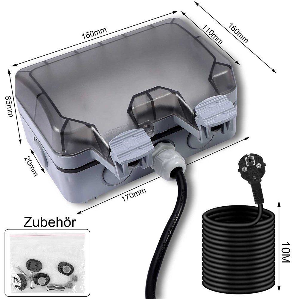 Rosnek Gartensteckdose Außensteckdosen, Stecker Kabel Wandsteckdose Box, Für Garten, mit 3M/6M/10M Verlängerungskabel