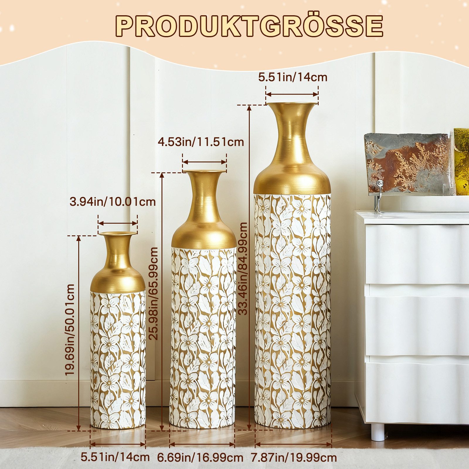 KLAM HOME Bodenvase Große Bodenvase 3er Set aus Metall, (50/65/83 cm), Mid-Century Modern (Dekovase Boden bis zur Decke reichende Vase, hohe dekorative Vase), Vintage Deko, Dekorative Vase für Wohnzimmer, Flur und Schlafzimmer