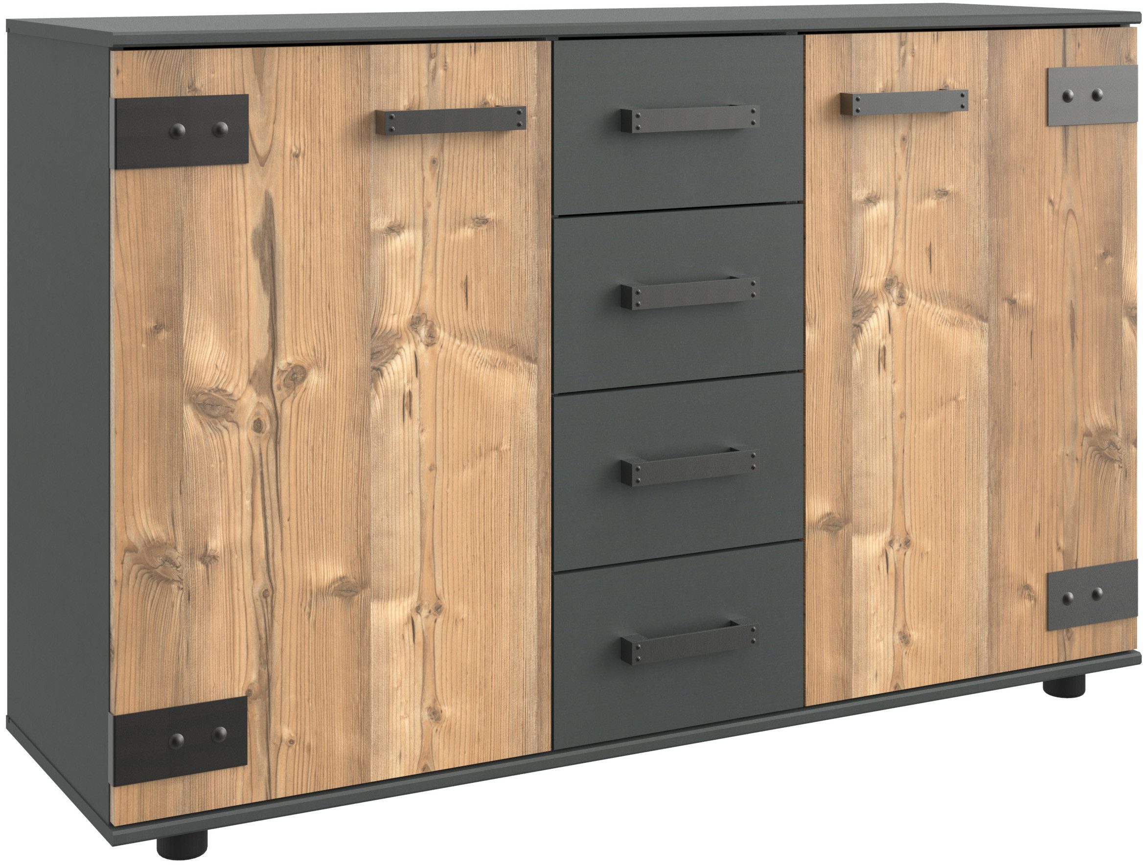 Wimex Kombikommode Stockholm Sideboard Kommodenschrank, Made in Germany, Industrial-Look, 2-türig mit 4 Schubladen, 130x41x83 cm