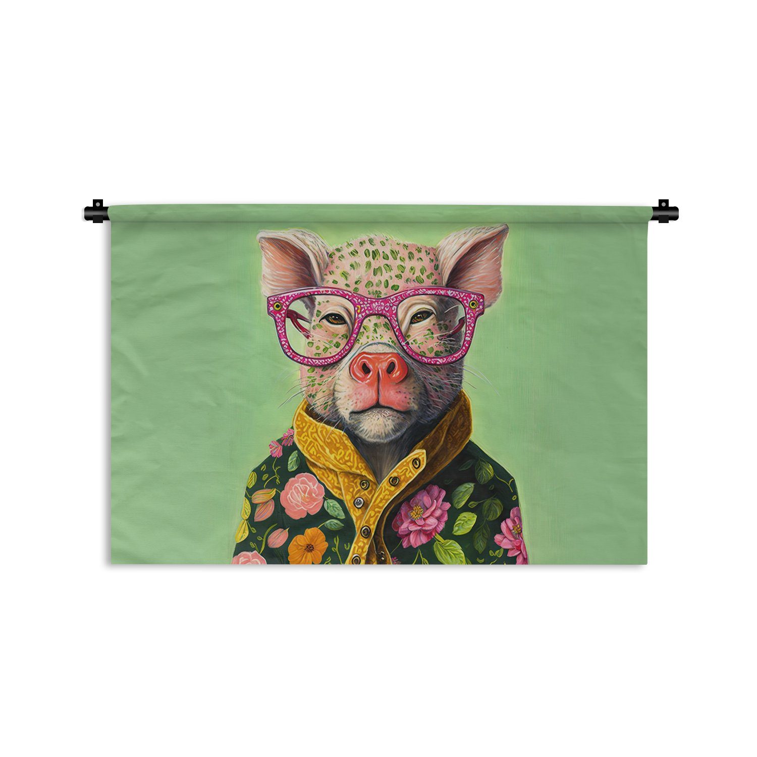 MuchoWow Wanddekoobjekt Brille - Rosa - Schwein - Blumen - Tier, Wanddeko für Wohnzimmer, Schlafzimmer, Kleid, Wandbehang, Kinderzimmer