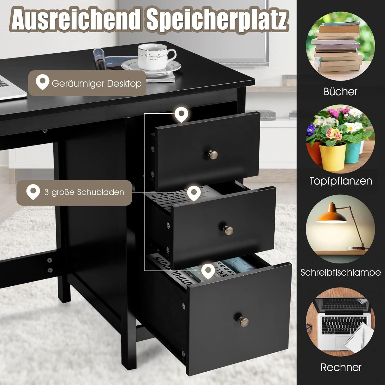COSTWAY Schreibtisch, mit 3 Schubladen, bis 40 kg, 120 x 50 x 75cm