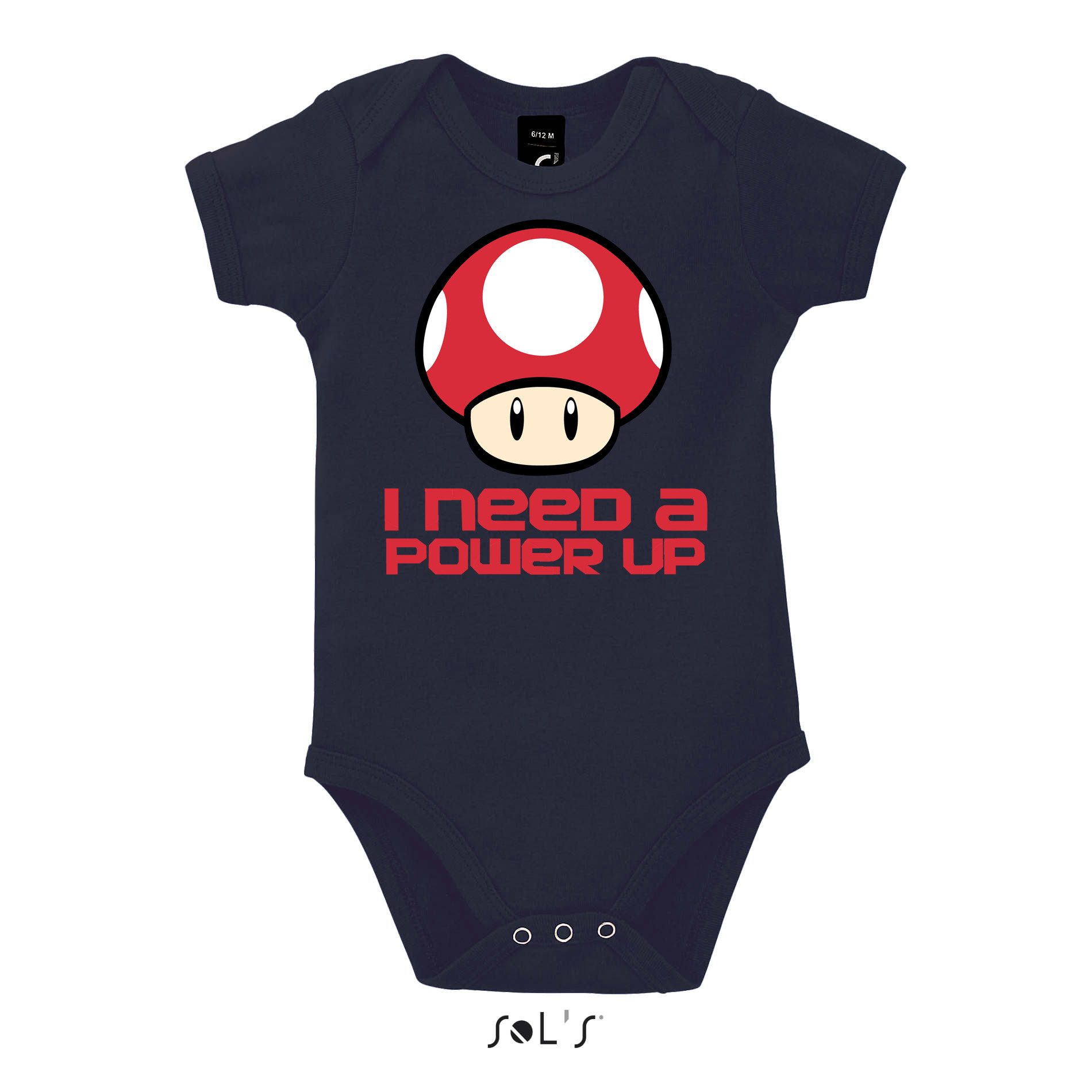Strampler PilzPowerUp Baby Body Print Retro Fantasy Abenteuer Motiv