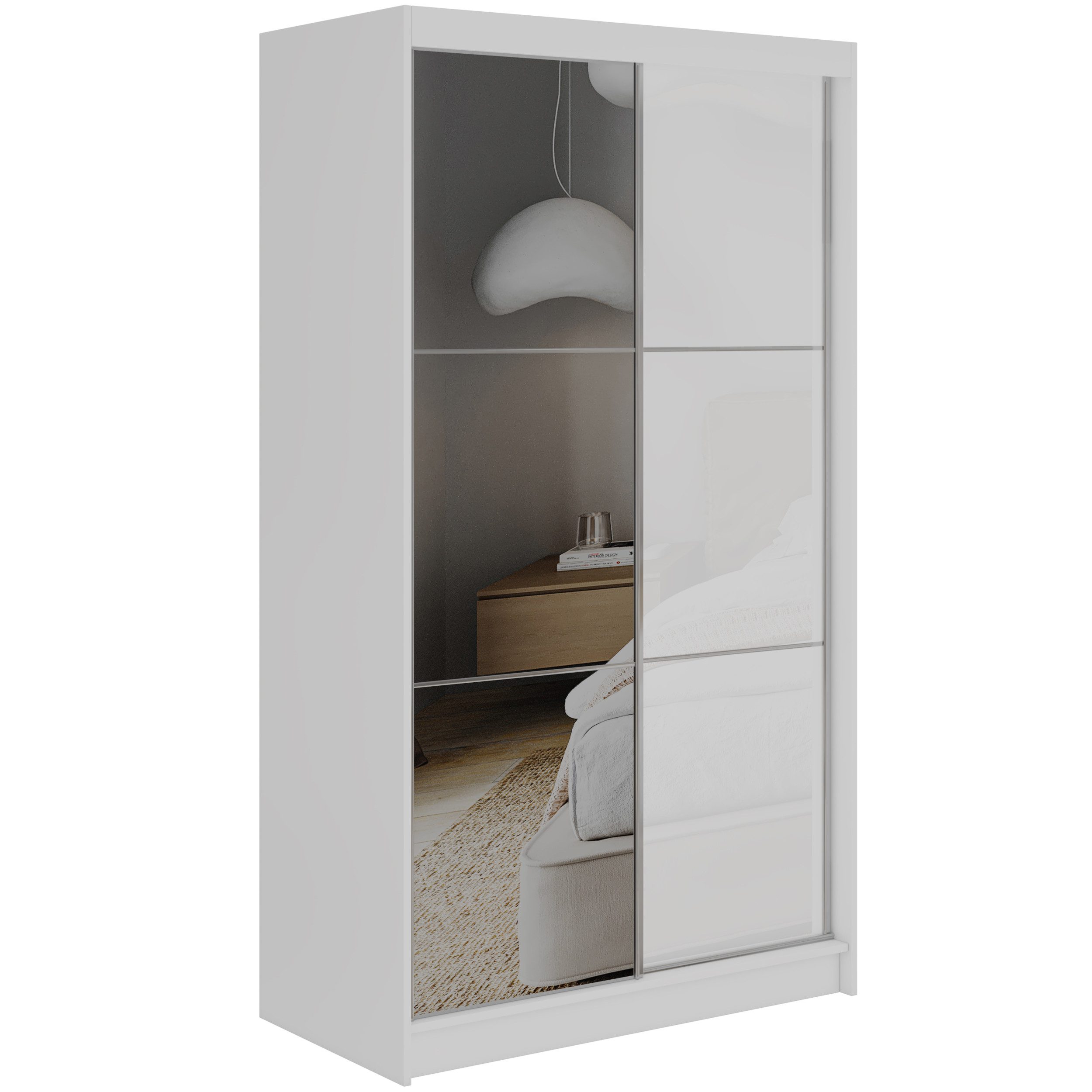 MKS MÖBEL Schiebetürenschrank WALENCJA 120 (Kleiderschrank mit Spiegel und Lacobel, mit Schiebetüren) Kleiderschrank mit Stauraum, 216 cm hoch, 61 cm tiefe