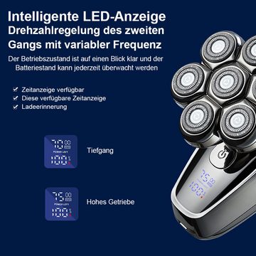 REDOM Elektrorasierer Rasierer Kopfrasierer Glatzen Herren elektrisch Kopf- Rasierapparat 7D, Präzisionstrimmer, 5 in 1 Haarschneider Rasur Nasenhaartrimmer Detail-Trimmer IPX7 LED, magnetisch mit 7 Scherköpfe 5 Aufsätzen Männer glattes Rasurergebnis