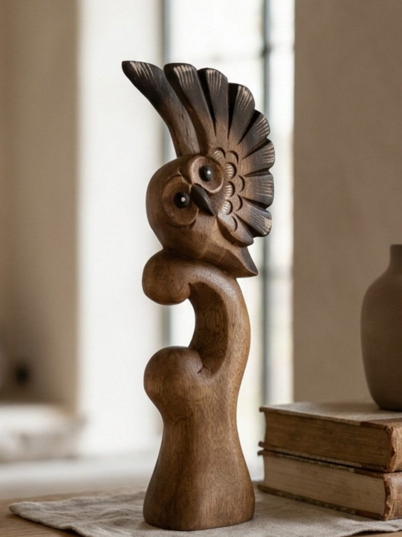 Kinaree Tierfigur Holz Eule auf Ast, handbemalte Suar-Holzschnitzerei, Thailand (1 St)