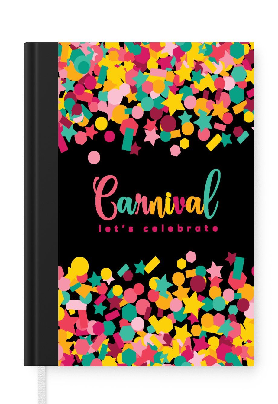 MuchoWow Notizbuch "Karneval" mit Konfetti auf schwarzem Hintergrund, Journal, Merkzettel, Tagebuch, Notizheft, A5, 98 Seiten, Haushaltsbuch