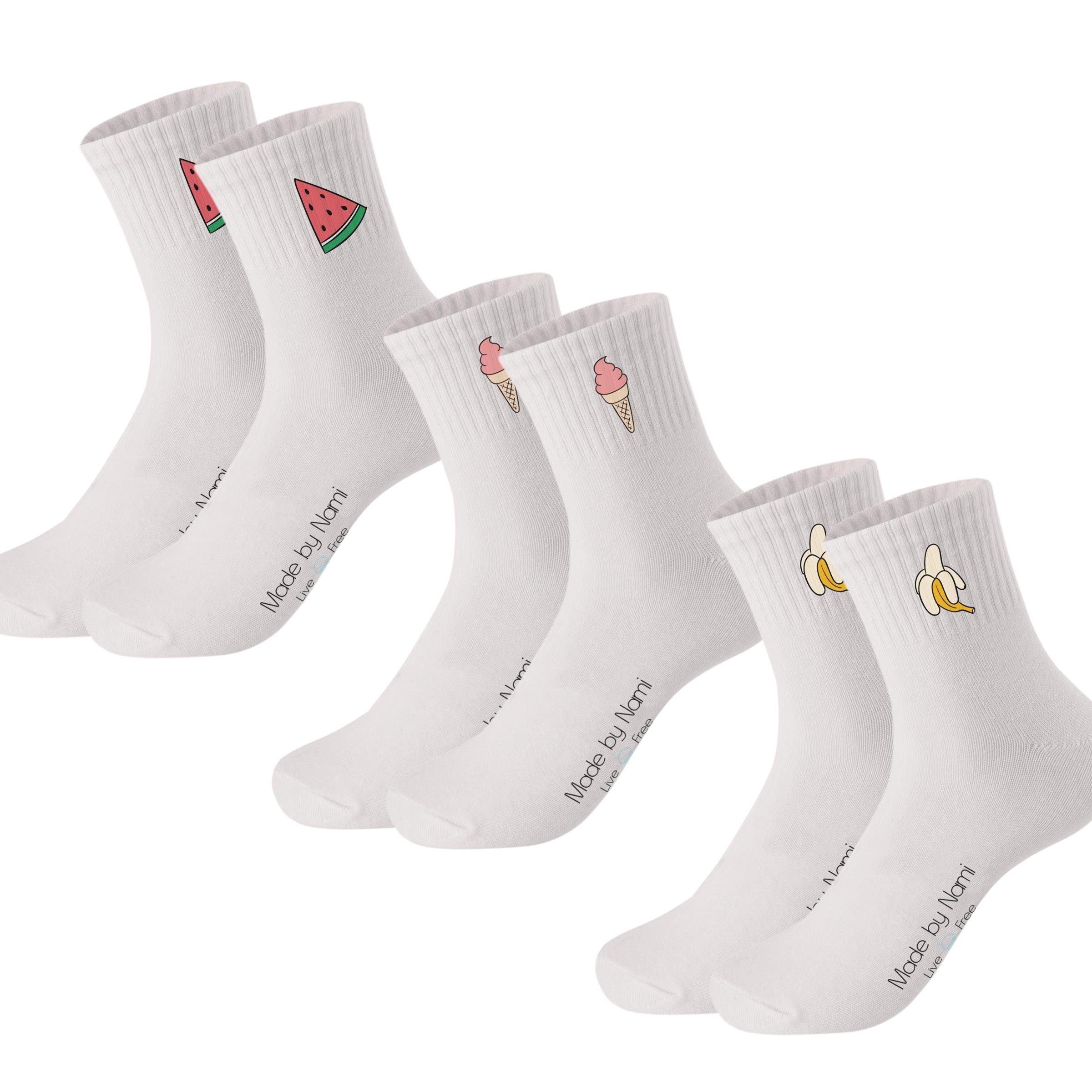 Made by Nami Socken Crew Socks Tennissocken weiß - Print - Baumwolle (3-Paar) 35-40, atmungsaktiv | Kompressionsstrümpfe
