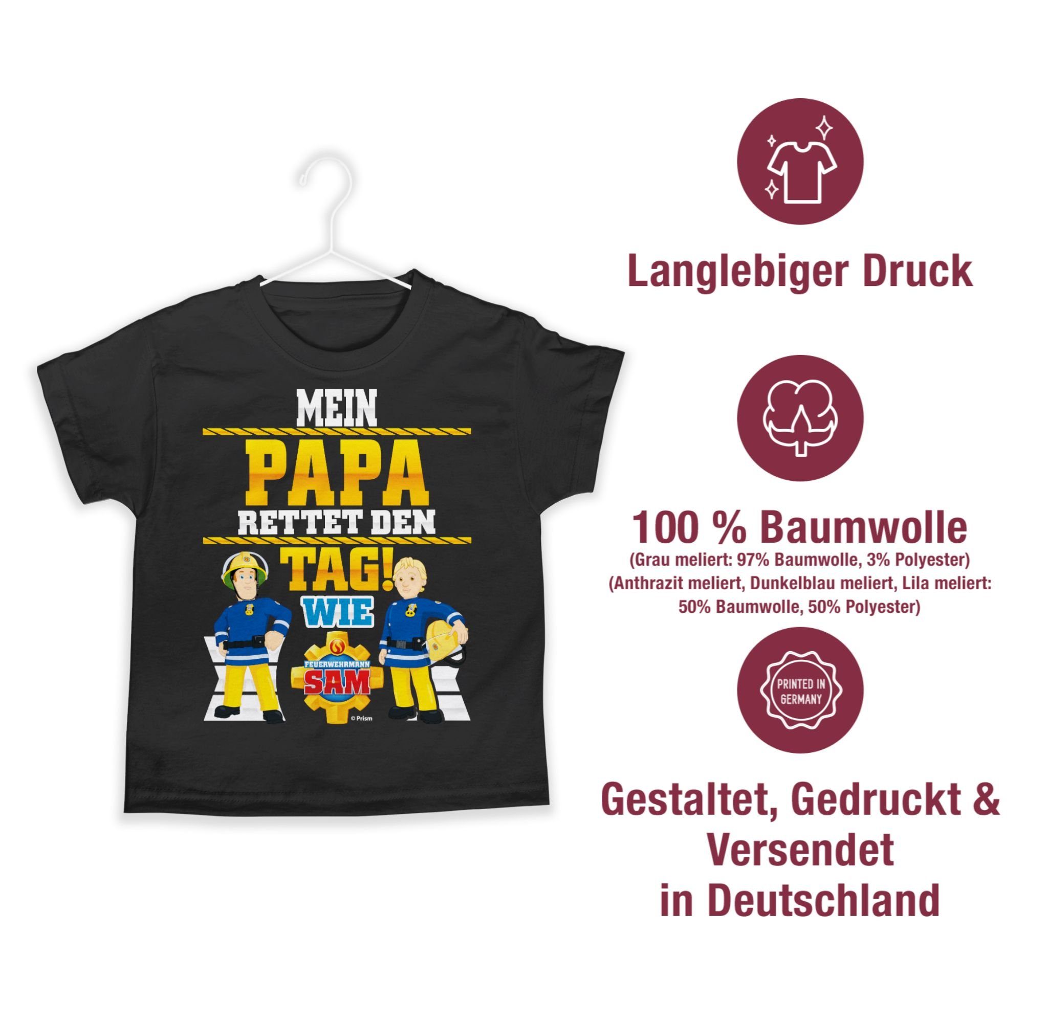 Shirtracer T-Shirt Mein Papa rettet Tag den Penny 02 Schwarz Feuerwehrmann Jungen Sam Sam & wie