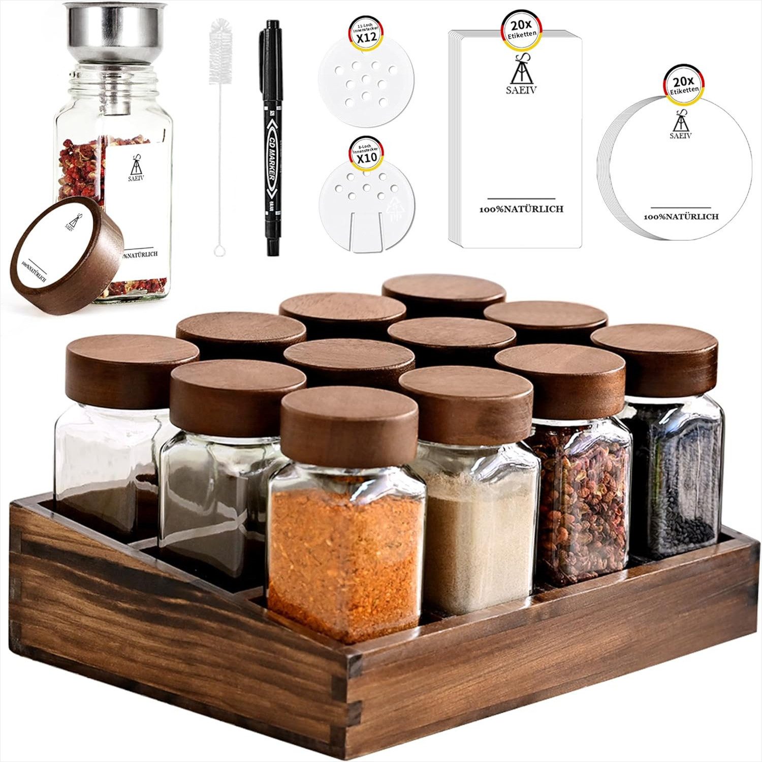 KingLux Gewürzständer Akazienholz-Tablett-Gewürzständer mit 12stk.120ml Gew günstig online kaufen