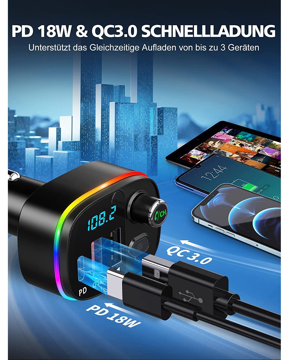 TUWENA Bluetooth Car Adapter, FM Transmitter for Car with 3 USB Ports