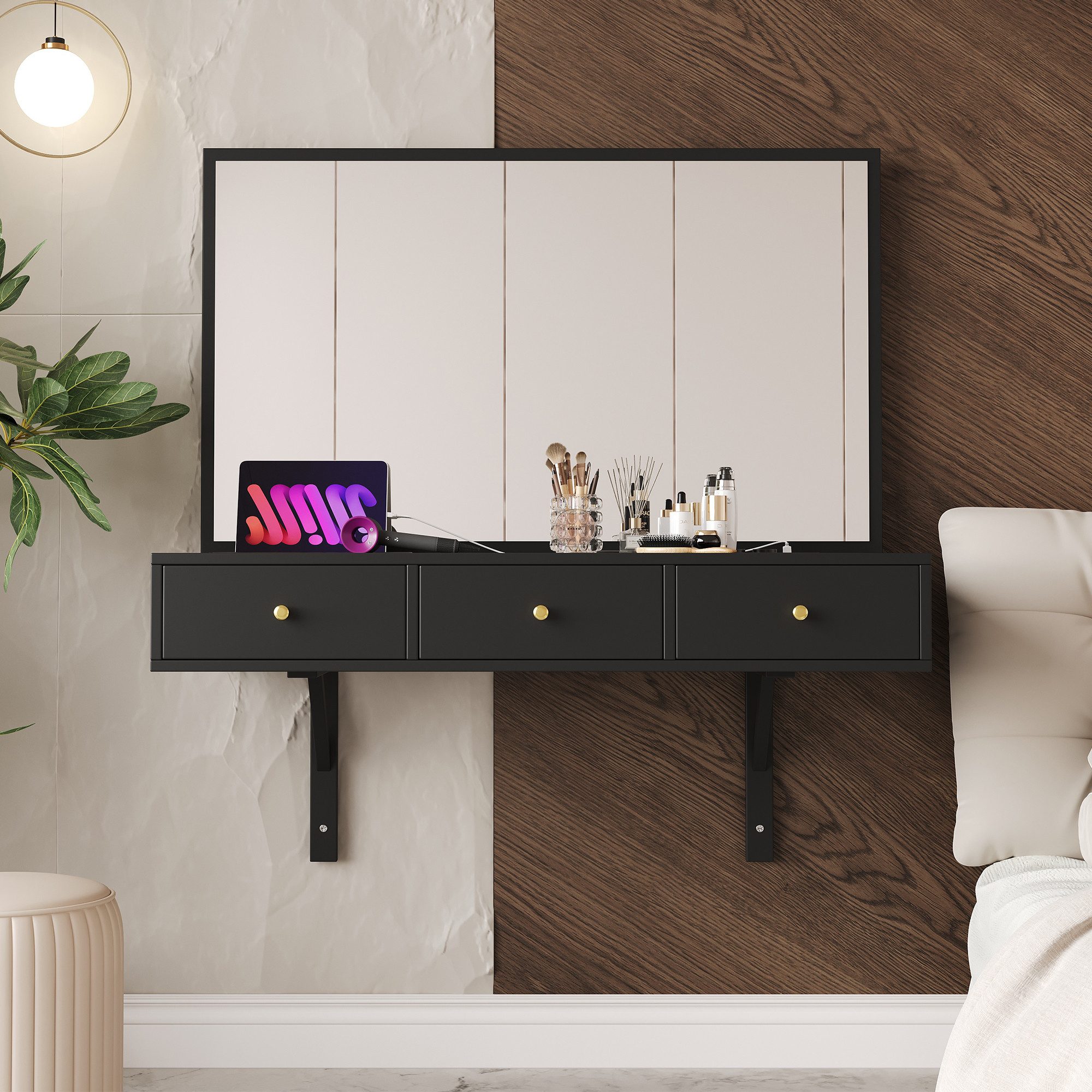 Flieks Schminktisch, Hängender Schminktisch 100x45x105cm mit Spiegel, Schublade, Steckdosen