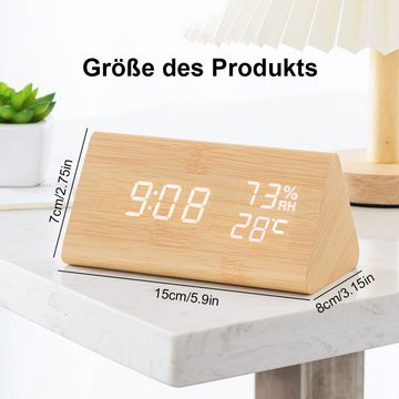 DOPWii Wecker Wecker aus Holz, mit Tonsteuerung Luftfeuchtigkeit Temperatur Datum