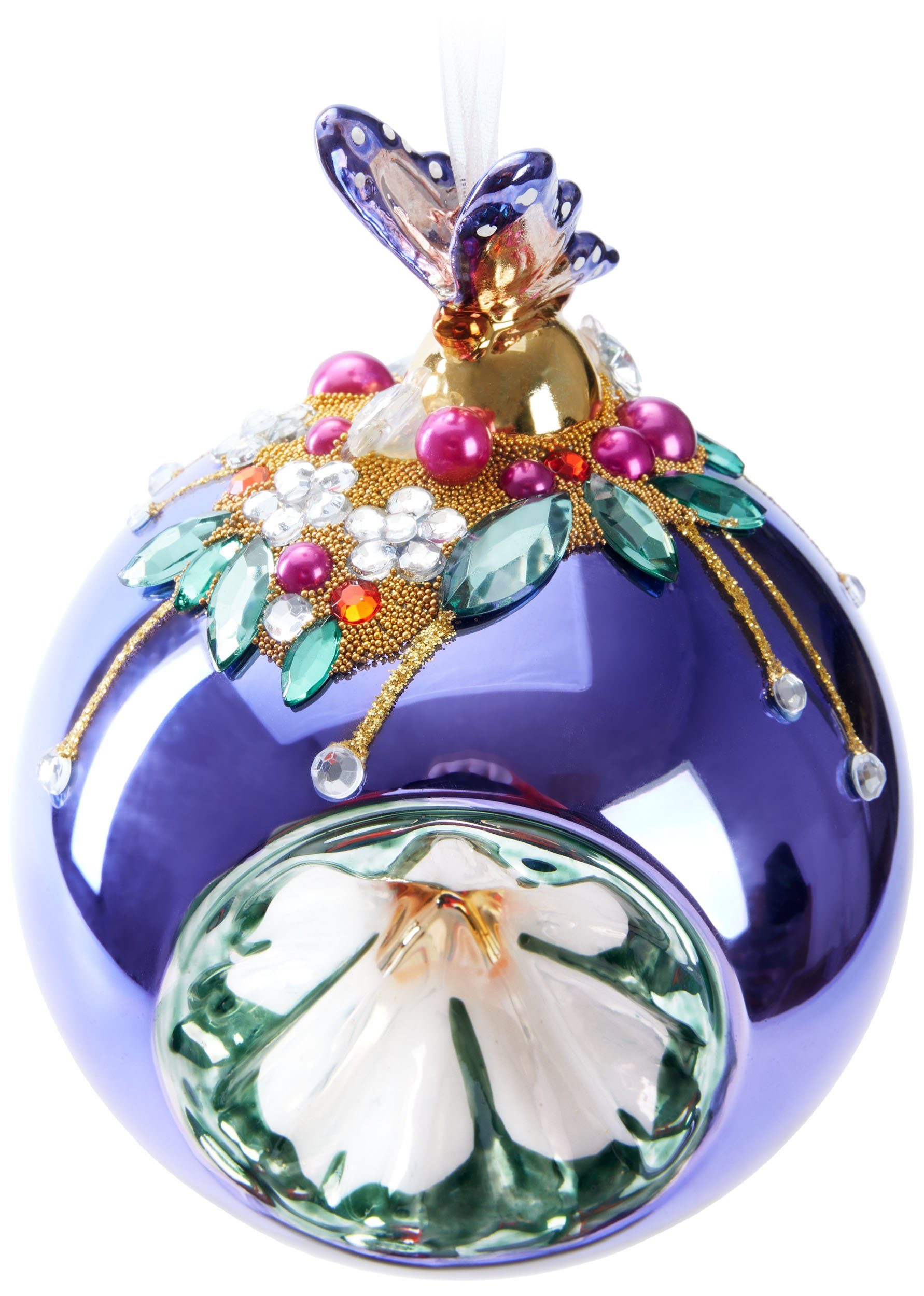 BRUBAKER Weihnachtsbaumkugel Premium Weihnachtskugel - Tiere mit Blumen - 10 cm Christbaumschmuck (1 St), Christbaumkugel aus Glas mit Perlen-Deko und Figur - Handdekoriert