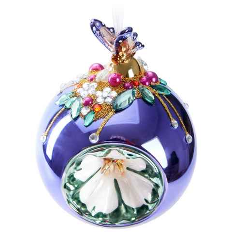 BRUBAKER Weihnachtsbaumkugel Premium Weihnachtskugel - Tiere mit Blumen - 10 cm Christbaumschmuck (1 St), Christbaumkugel aus Glas mit Perlen-Deko und Figur - Handdekoriert