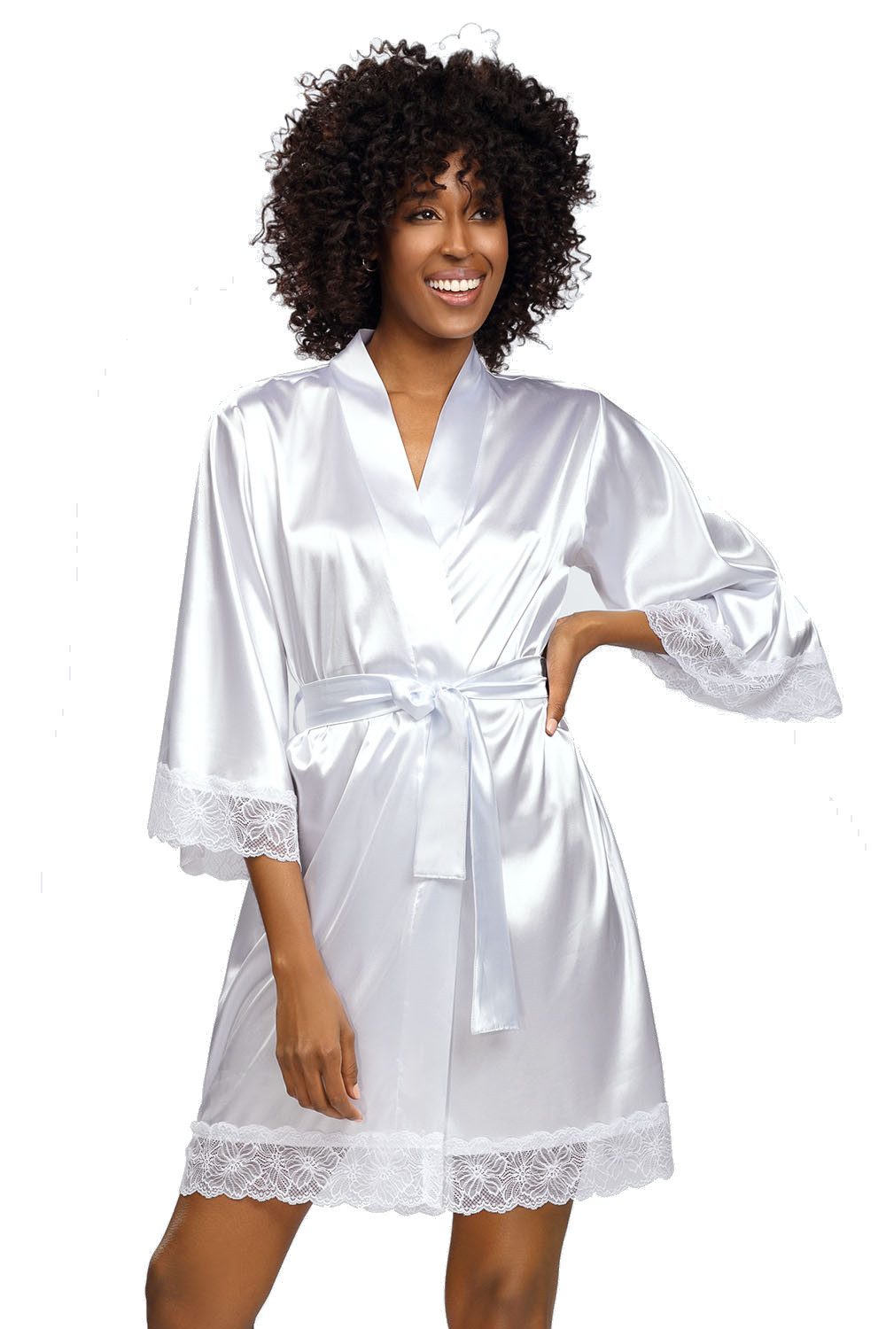 DKaren Morgenmantel Damen Satin Morgenmantel Kimono Bademantel Kurz Spitze