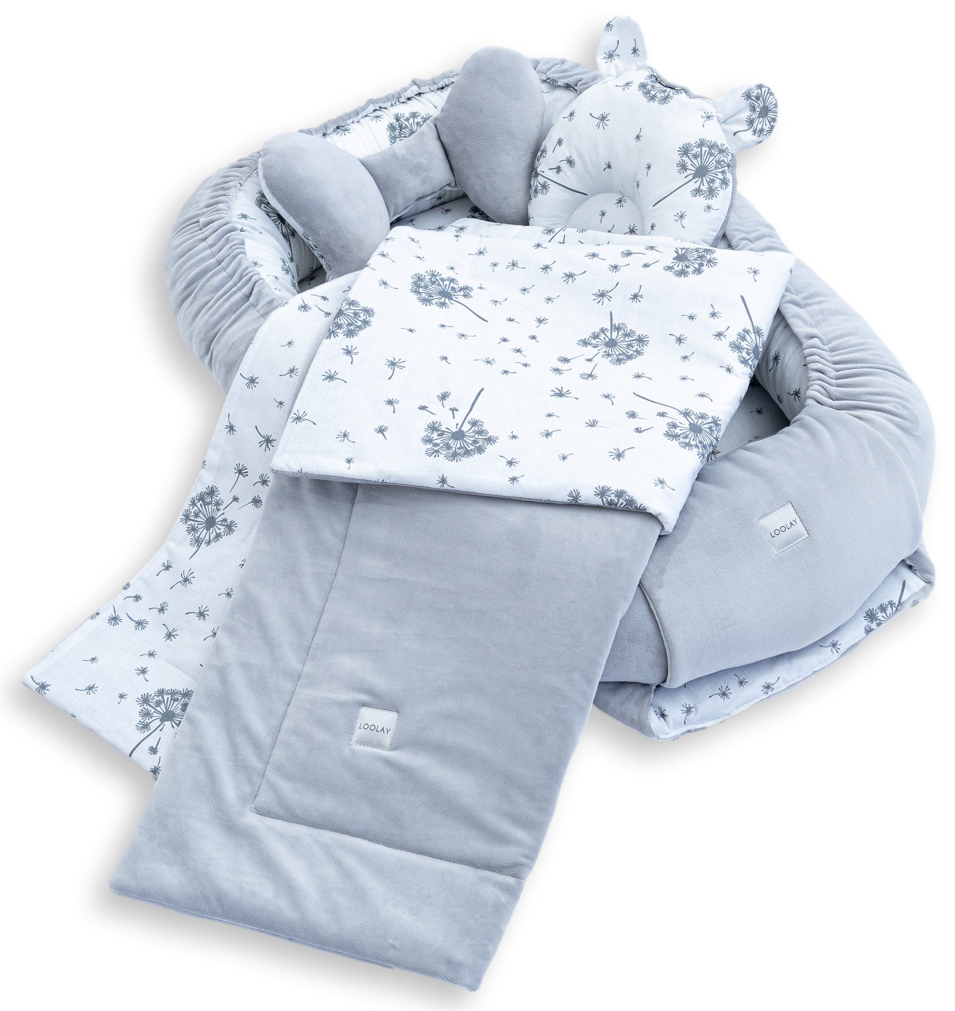 Loolay Kuschelnest BABYNEST 5 TLG. Set PREMIUM Babyausstattung Baumwolle & Samt Velours, (MUSTER: GRAU Samt Velour/ Pustelblume Weiß, 5-tlg., Liebevoll handgefertigt Nestchen! Geborgenheit Komfort für Neugeborene), Premium Ausstattung - 100% Europäische S
