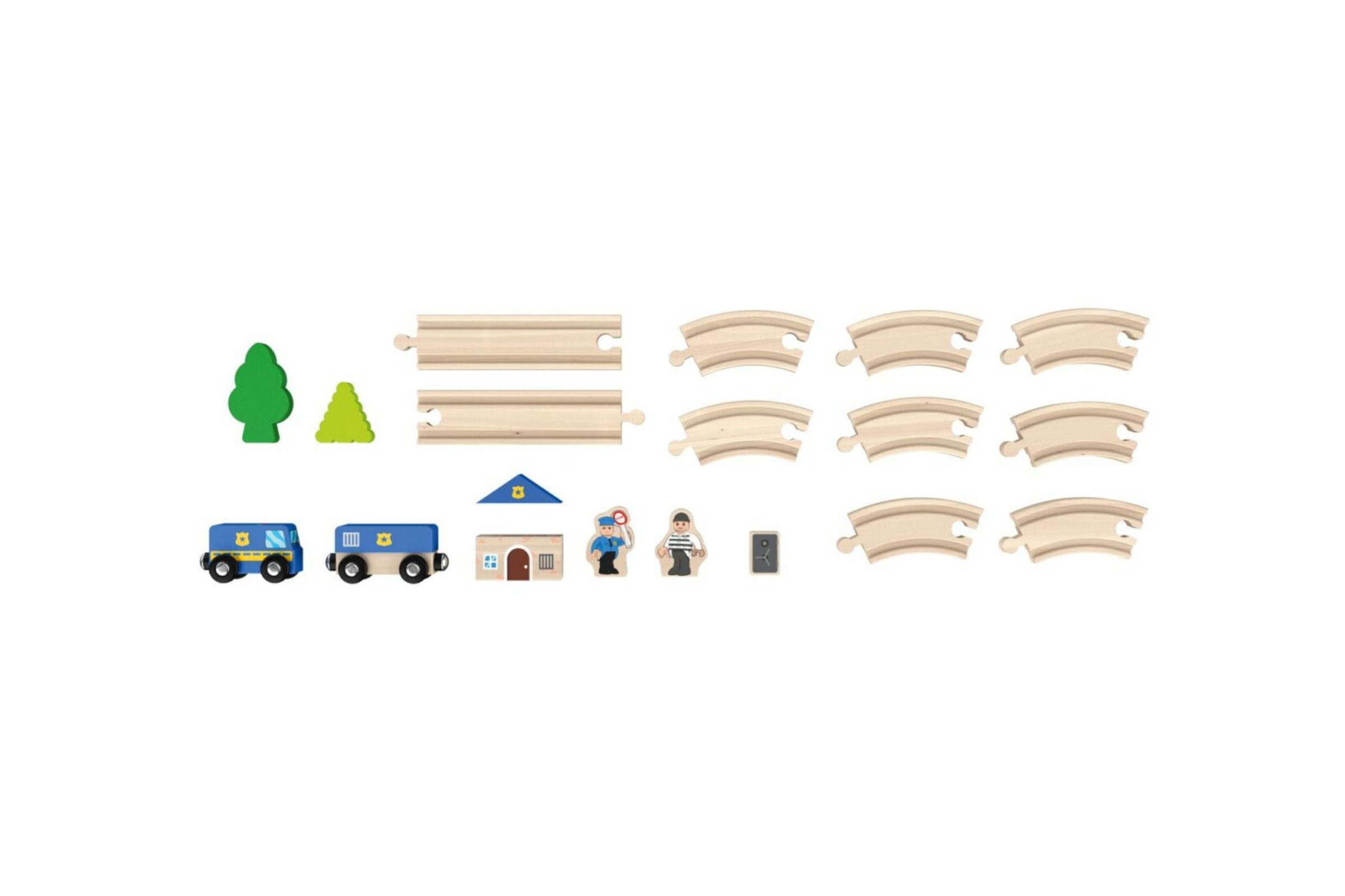Playtive Spielzeugeisenbahn-Set Bahnset 18-tlg. Holzspielzeug Bahnset Polizei, (Spielset, 18-tlg., mehrteiliges Spielset), Holzeisenbahn mit Themenwelt und Zubehör