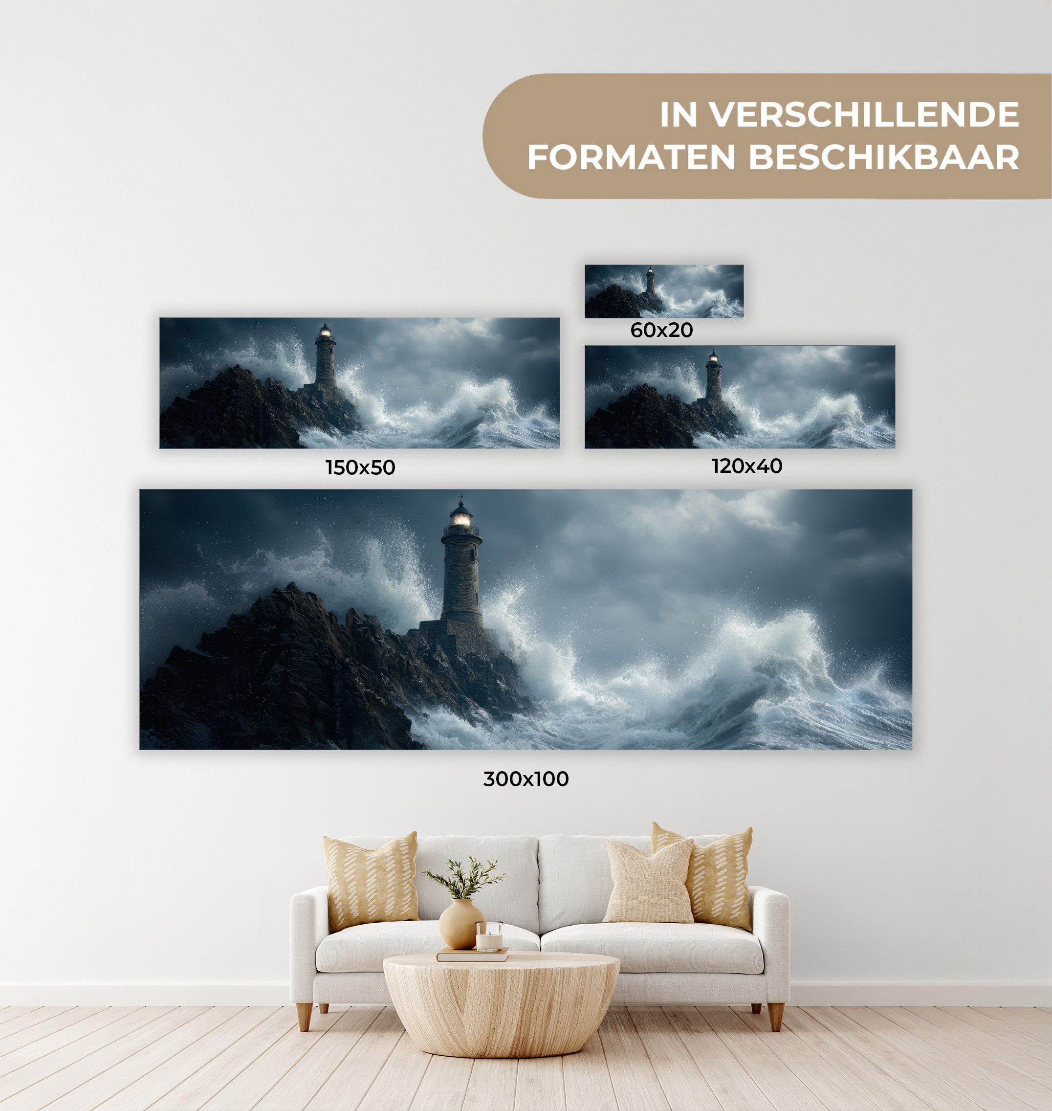 OneMillionCanvasses® Leinwandbild Panorama Felsen - Leuchtturm - Wellen - Klippen, Fotodruck (1 St), Wandbild, Deko Schlafzimmer Wohnzimmer Flur 60x20 cm