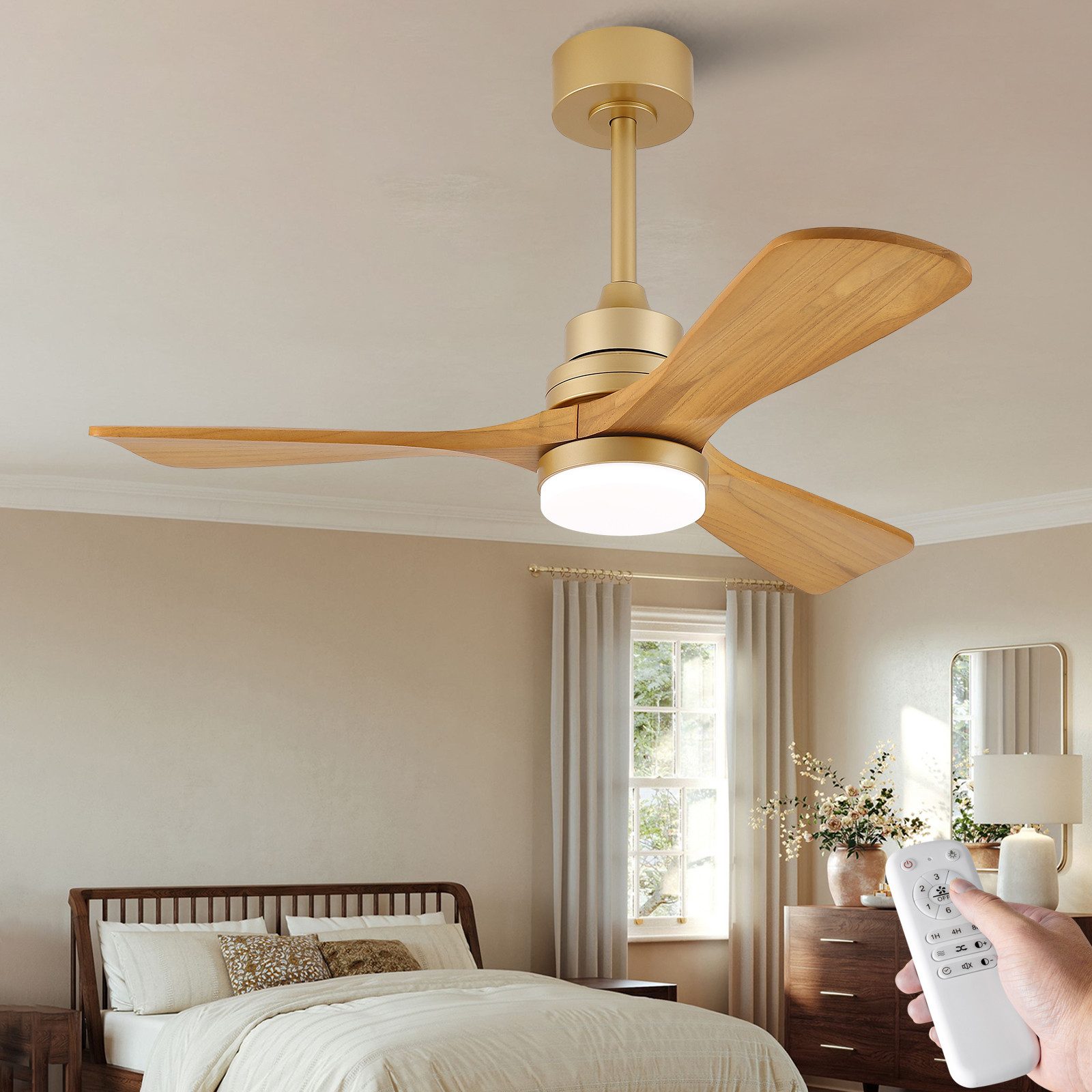 Rolipo Deckenventilator mit LED-Beleuchtung/Fernbedienung Leiser Lüfter Sommer/Winter Betrieb, 42-Zoll (107cm) Helligkeitsregelung, Timer, Einfache Montage