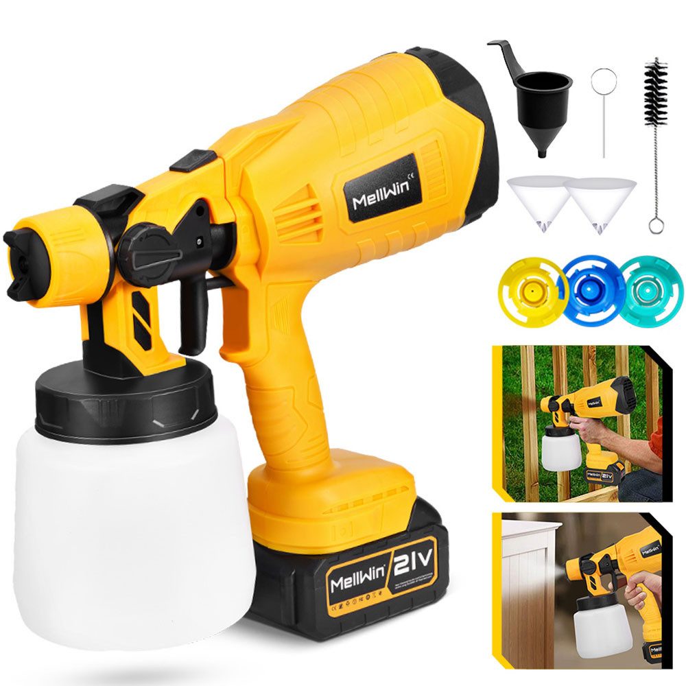 MELLWIN Farbsprühgerät Akku Farbspritzpistole 1000ml mit 2 Akkus 3 Düsen Sprühsystem, (1-tlg), 3 Sprühmuster für Wände und Gartenzaun gleichmäßiges Sprühen
