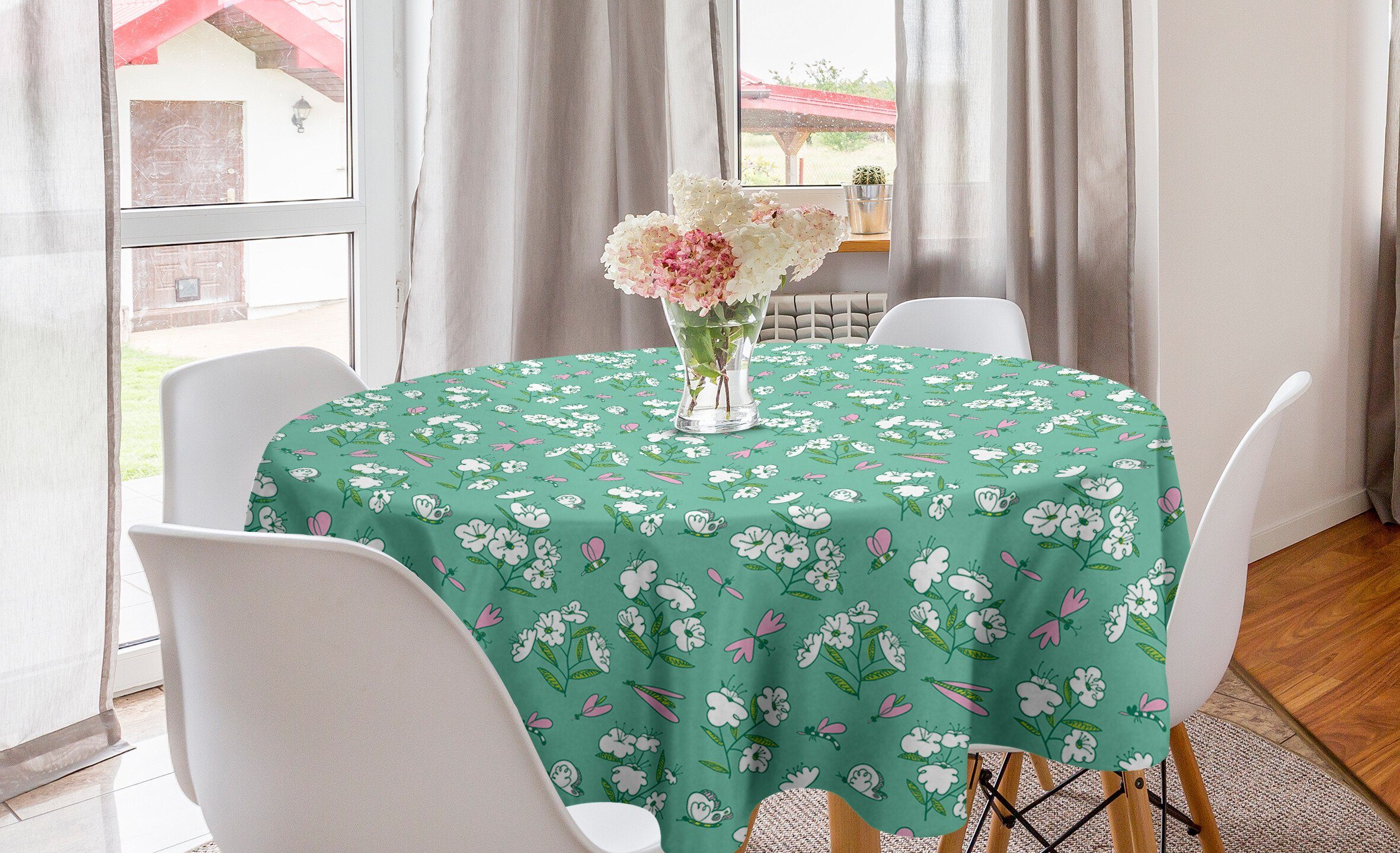 Abakuhaus Tischdecke Kreis Tischdecke Abdeckung für Esszimmer Küche Dekoration, Gekritzel Blooming Pflanzen Schmetterlinge