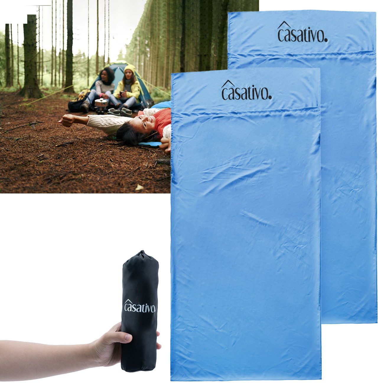 Casativo Hüttenschlafsack Ultraleicht Hüttenschlafsack aus atmungsaktiven Mikrofasern 200g Blau (2 tlg), Kissenfach & Transporthülle, 210x75 cm, Packmaß (6x25 cm)