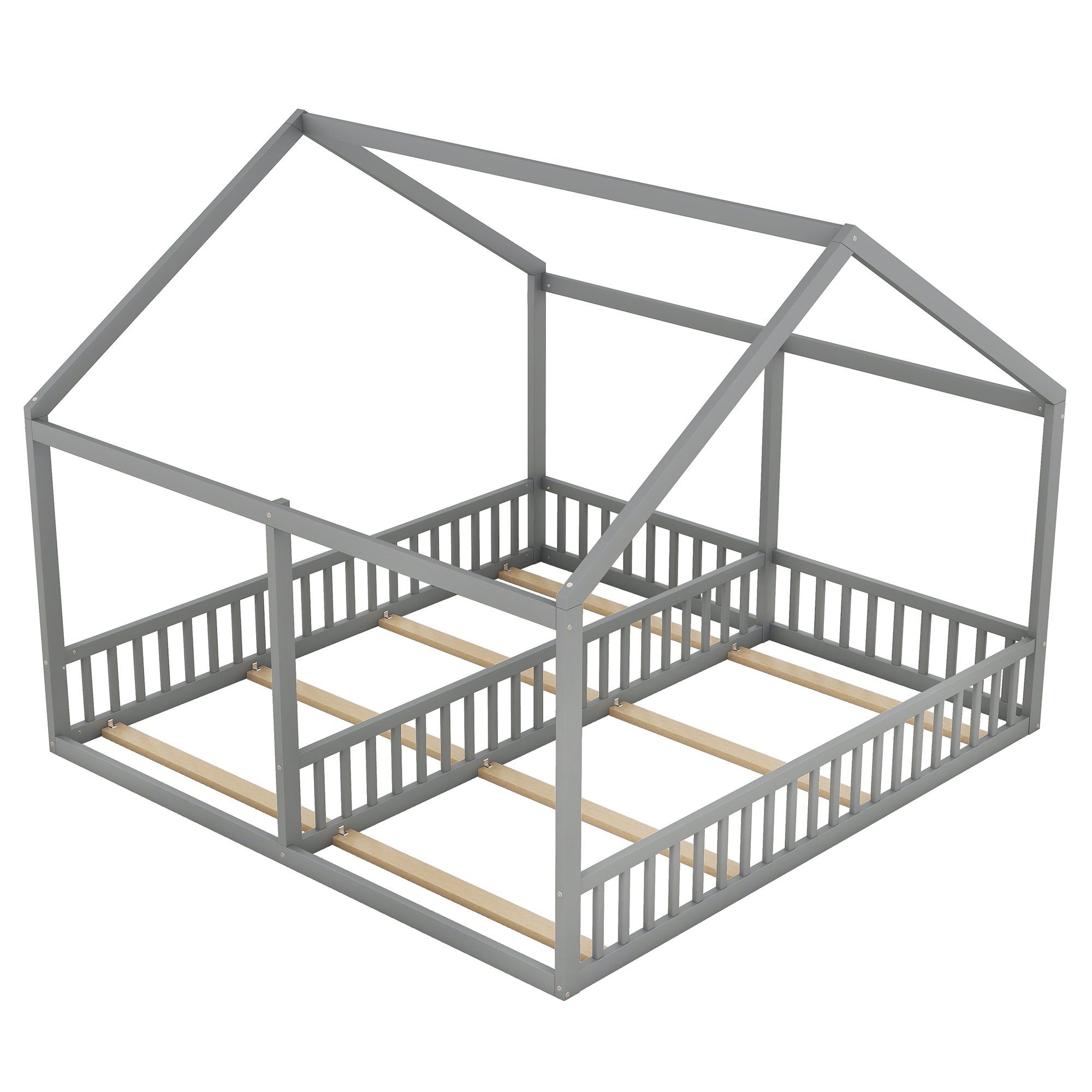 Kinderbett Einzelbetten, Grau (flache Matratze 2-in-1-Betten), Hausmodelle, Funktionsbett Holzbett ohne Betten, 2-in-1-Betten WISHDOR