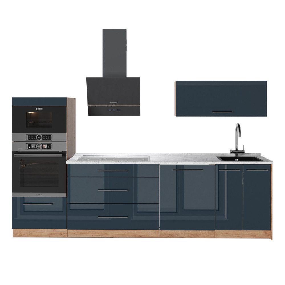 Vicco Küchenzeile Fame-Line, Dunkelblau Hochglanz/Goldkraft Eiche, 280 cm, AP Marmor