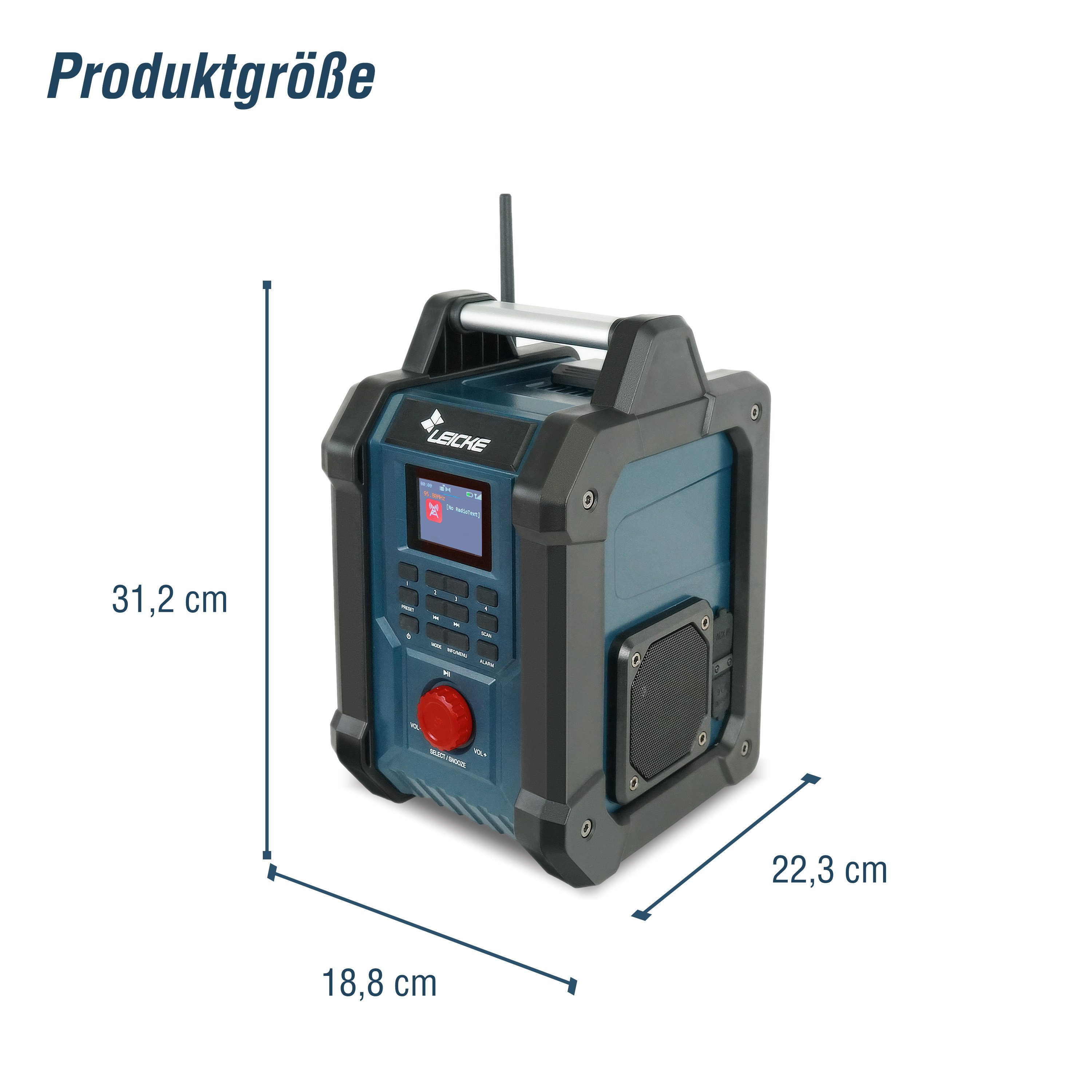 Leicke Baustellenradio DAB+, FM, BT, AUX, 4000mAh, 2×15W, LCD 2.4" Digitalradio (DAB) (Equalizer, Wecker, Schlaf-Timer, Beleuchtung, Inaktives Standby)