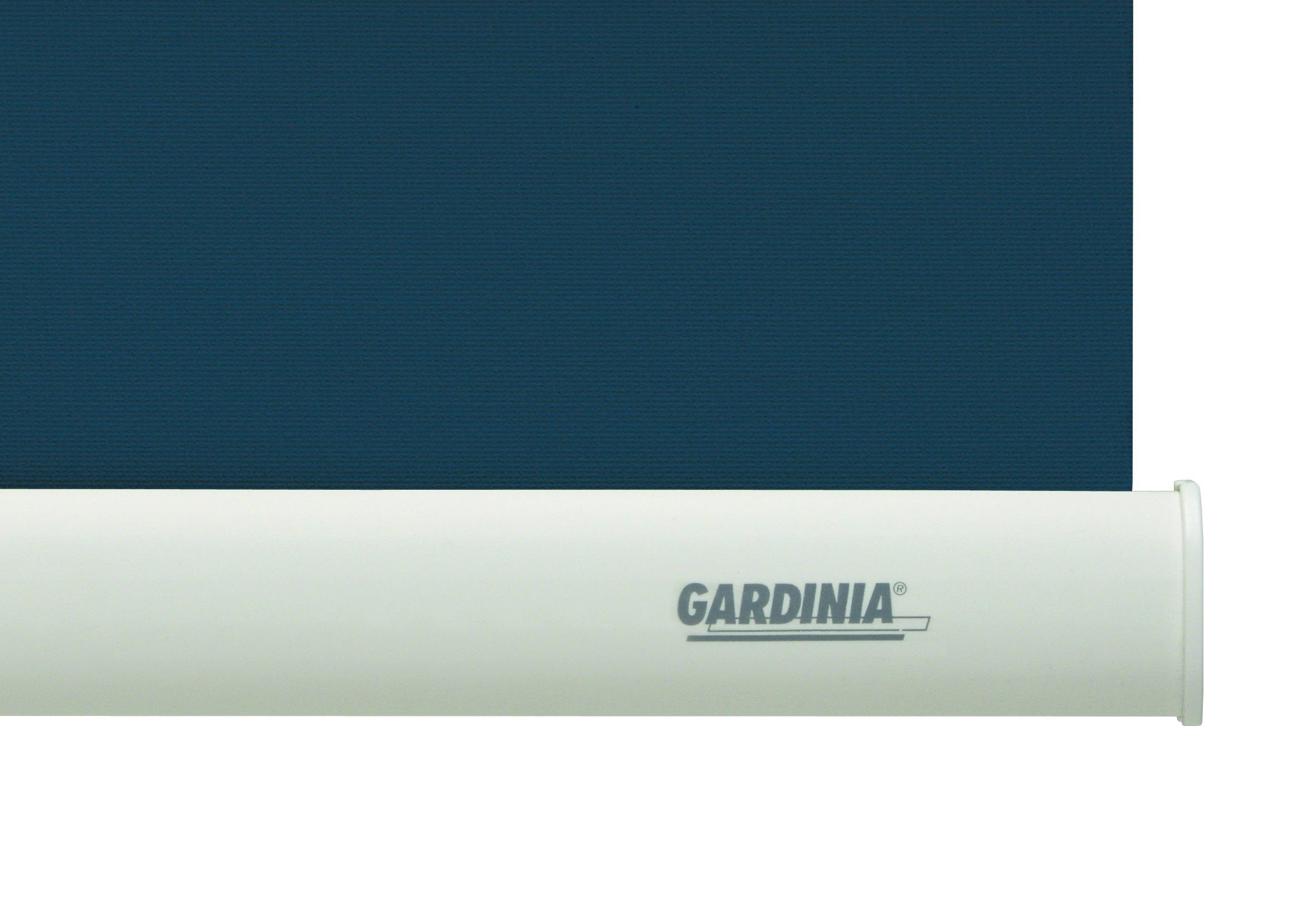 Seitenzugrollo Uni-Rollo weiß verschraubt, dunkelblau verdunkelnd, Abdunklung, in Abschlussprofil GARDINIA, 241