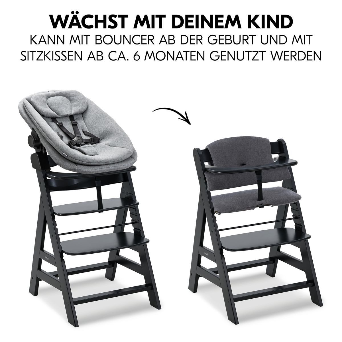 Hauck Hochstuhl Alpha Plus Black Newborn Set (Set), Holz Babyhochstuhl ab Geburt inkl. Neugeborenenaufsatz & Sitzauflage