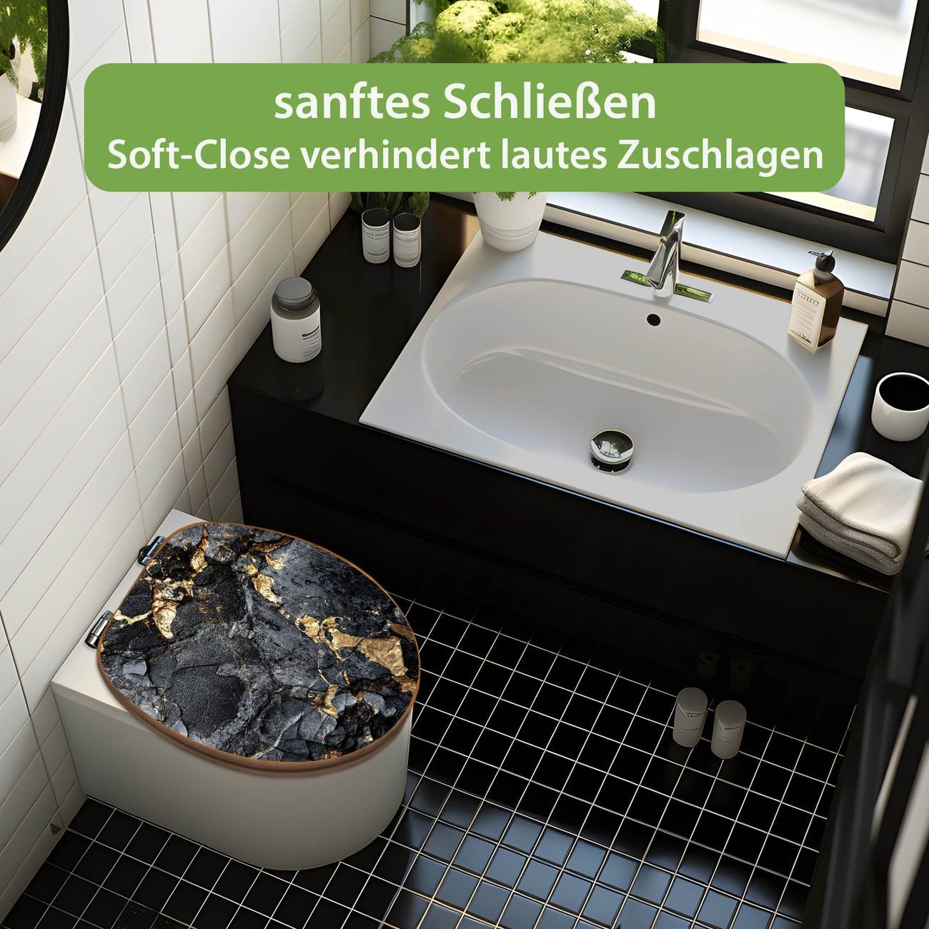 banjado WC-Sitz aus Bambus mit Absenkautomatik Motiv Schwarzer Marmor mit Gold 1 (umweltfreundliches Material, integrierte Absenkautomatik), 45,8 x 37,5 x 5 cm – Bild 2 von 5