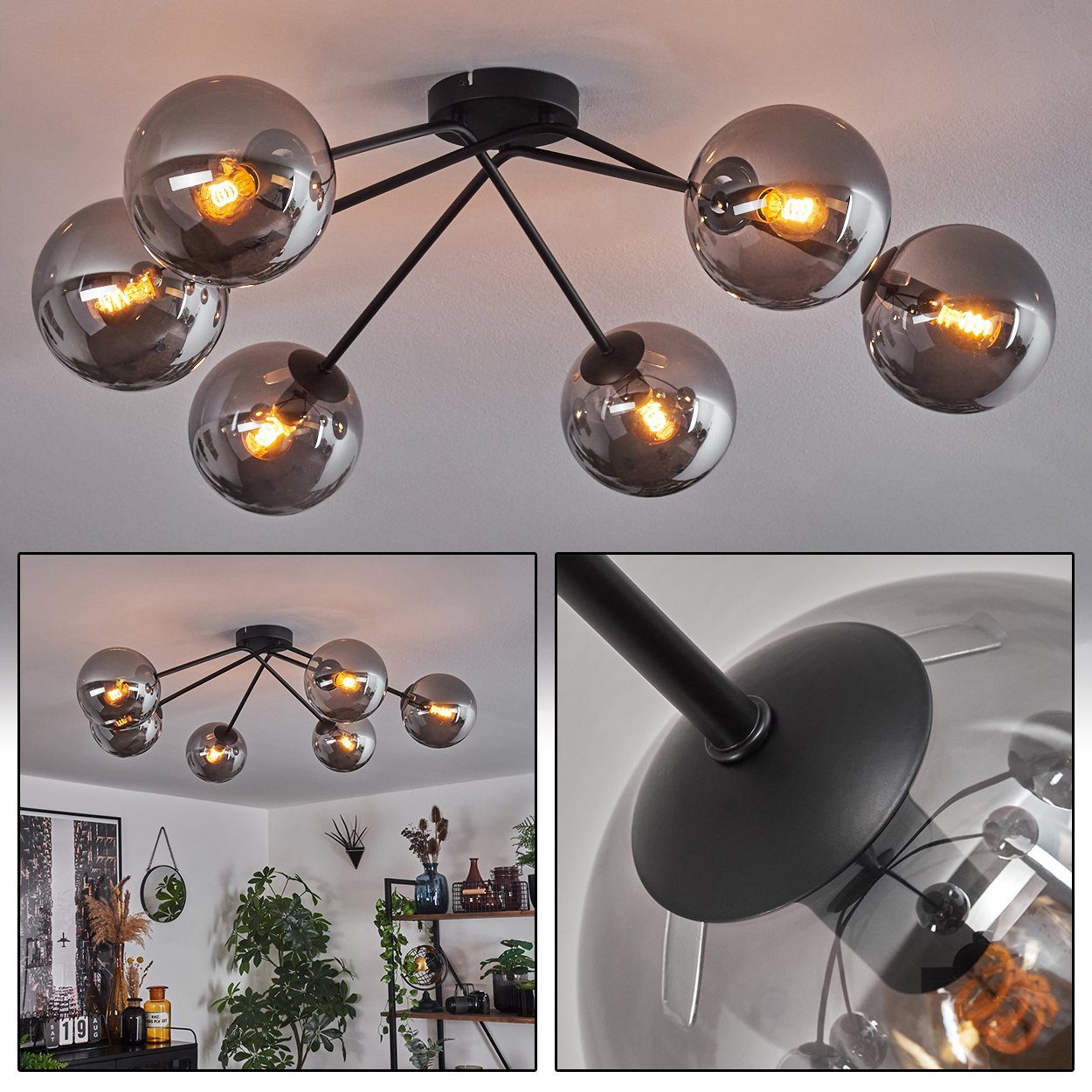 hofstein Deckenleuchte Deckenlampe aus Metall/Glas in Schwarz/Rauchfarben, ohne Leuchtmittel, moderne Leuchte mit Glasschirmen (15 cm), 6 x E14, ohne Leuchtmittel