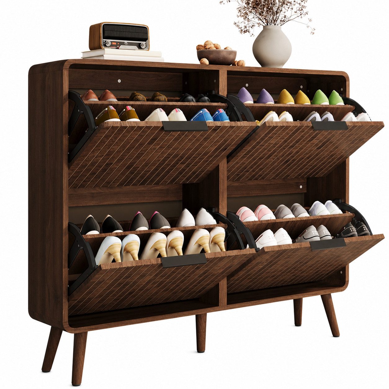 Merax Schuhschrank in Walnussholz-Optik, Flurschrank mit Massivholzbeinen (105 x 24 x 90 cm, 1-St., Schuhregal für 18–24 Paar Schuhe) Schuhkommode mit Klapptüren, doppelstöckiges Design & Stauraum