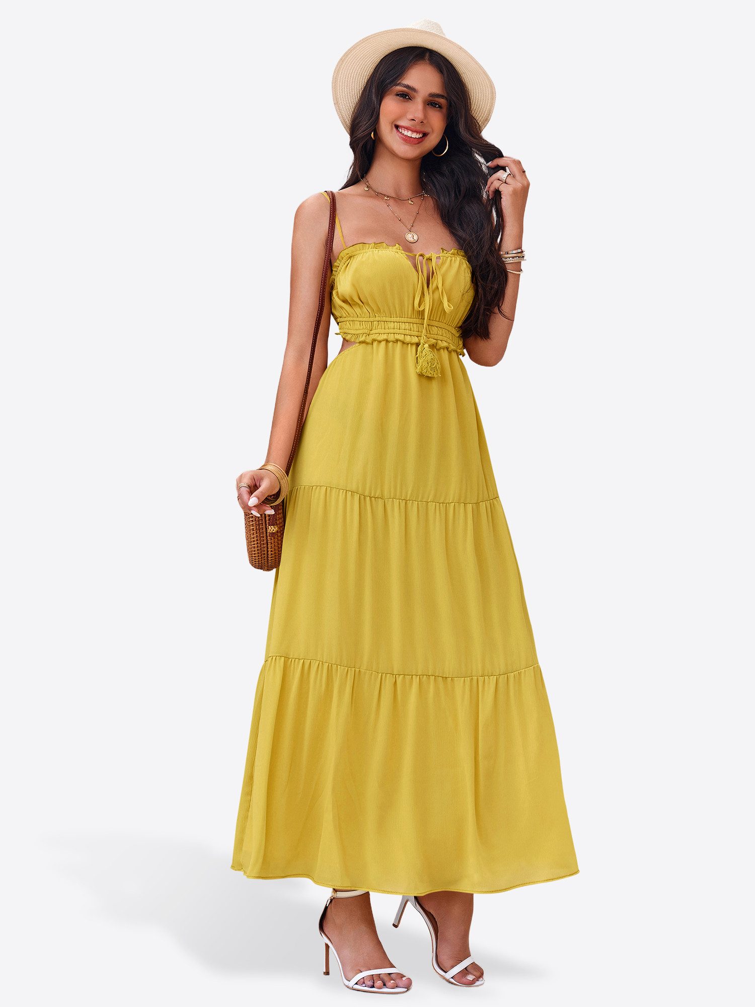 Imily Bela Maxikleid Damen Strand mit Rüschen Bänder ärmellos Boho Sommer Urlaub (Packung, 1-tlg., 1per-Pack) in Unifarbe