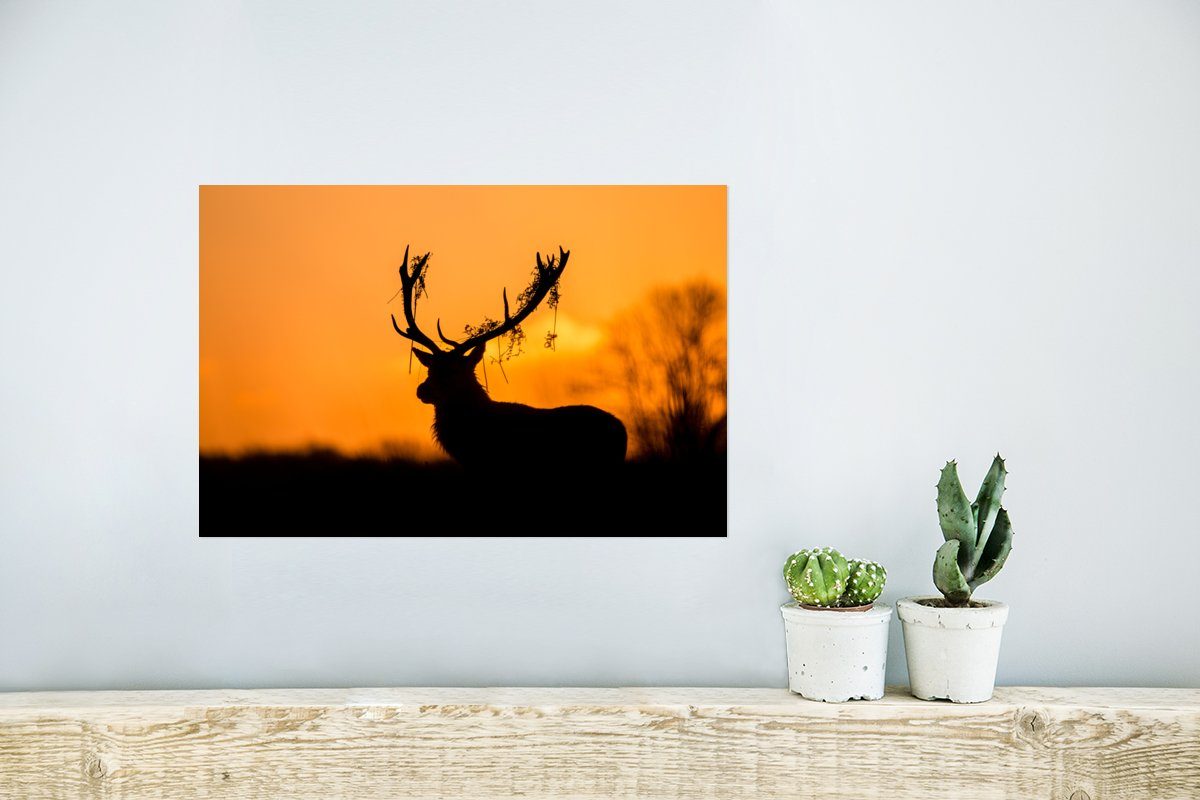 Hirsch Rahmen - Scherenschnitt - Orange Wandbild, für Wandposter St), Tiere MuchoWow Natur, Ohne (1 Wohnzimmer, - Poster, - Poster