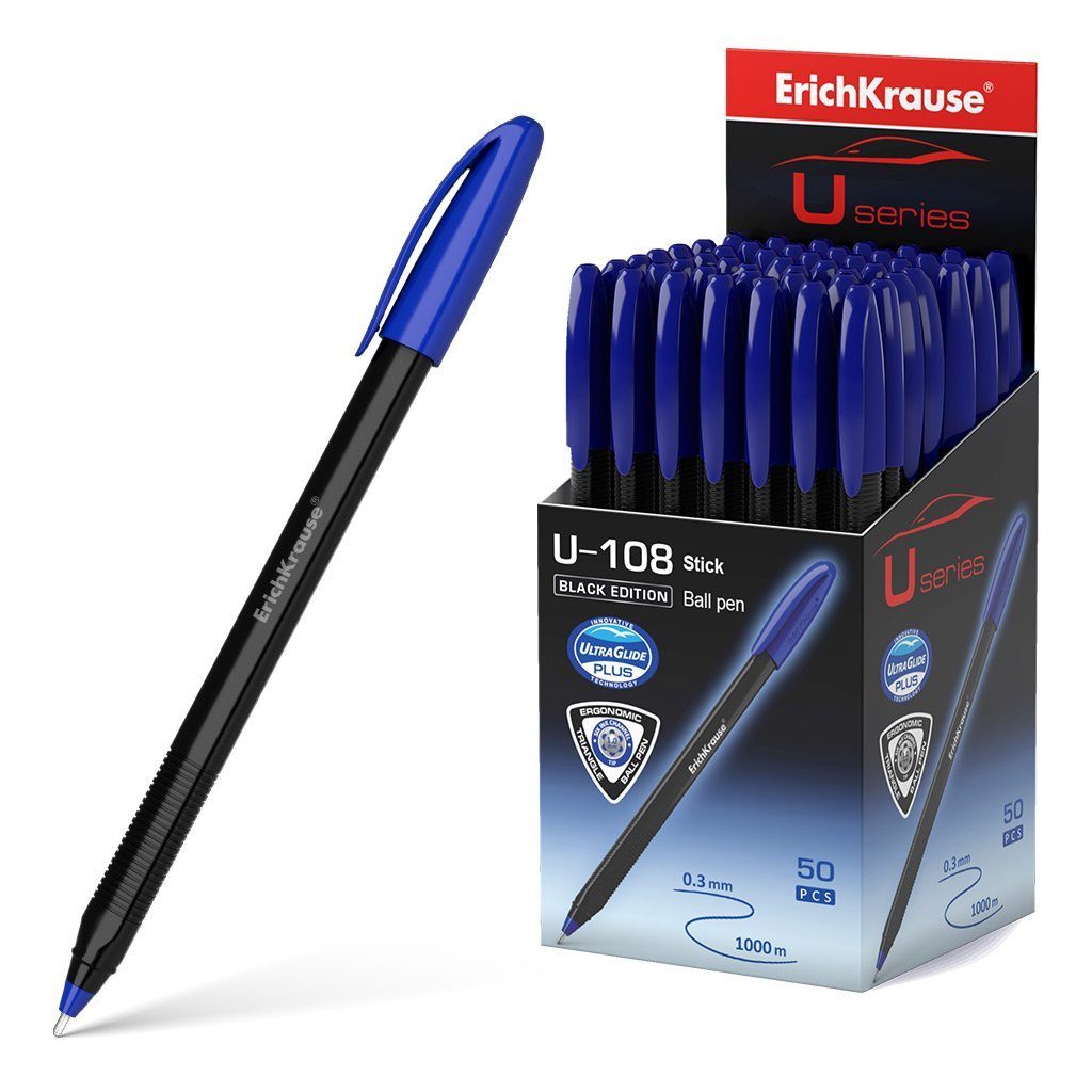 Erich Krause Kugelschreiber, Kugelschreiber U-108 Black Stick 1.0 Plastik 50er Pack Tinte Blau